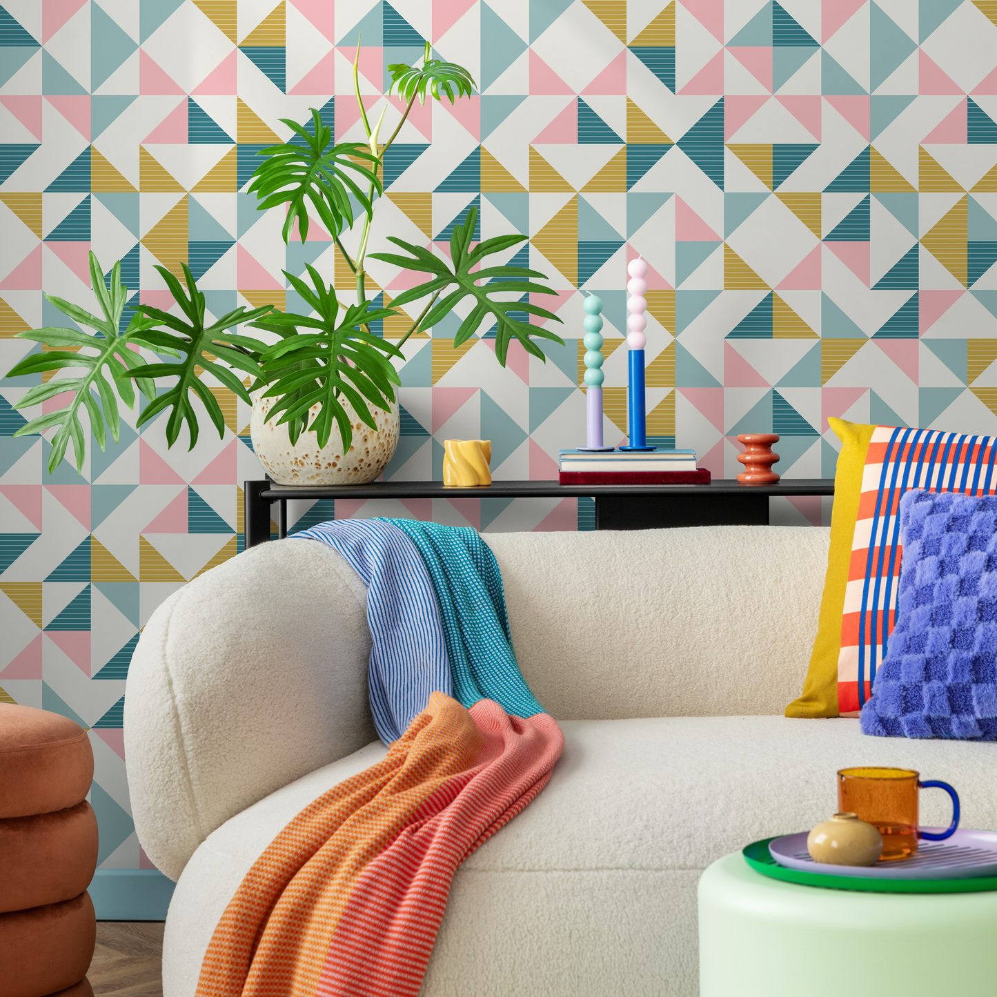 Peel and Stick Wallpaper Removable Wallpaper Wall Decor Home Decor Wall Art Printable Wall Art / Colorful Geometrical Triangles - C107