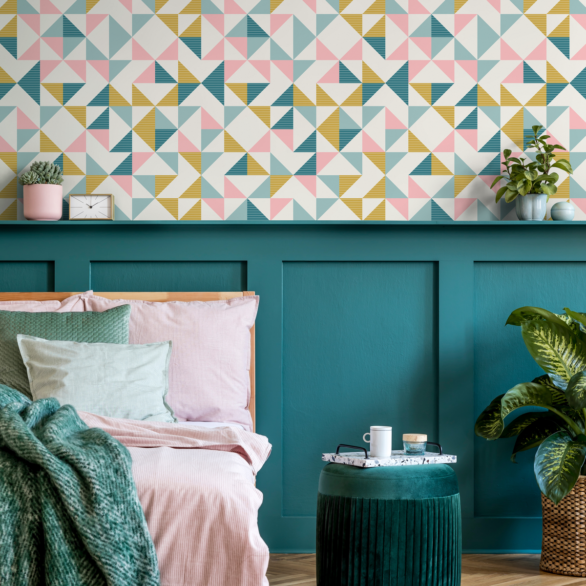 Geometric Wallpaper with a Colorful Triangle Pattern in Teal, Pink, and Yellow - detail view