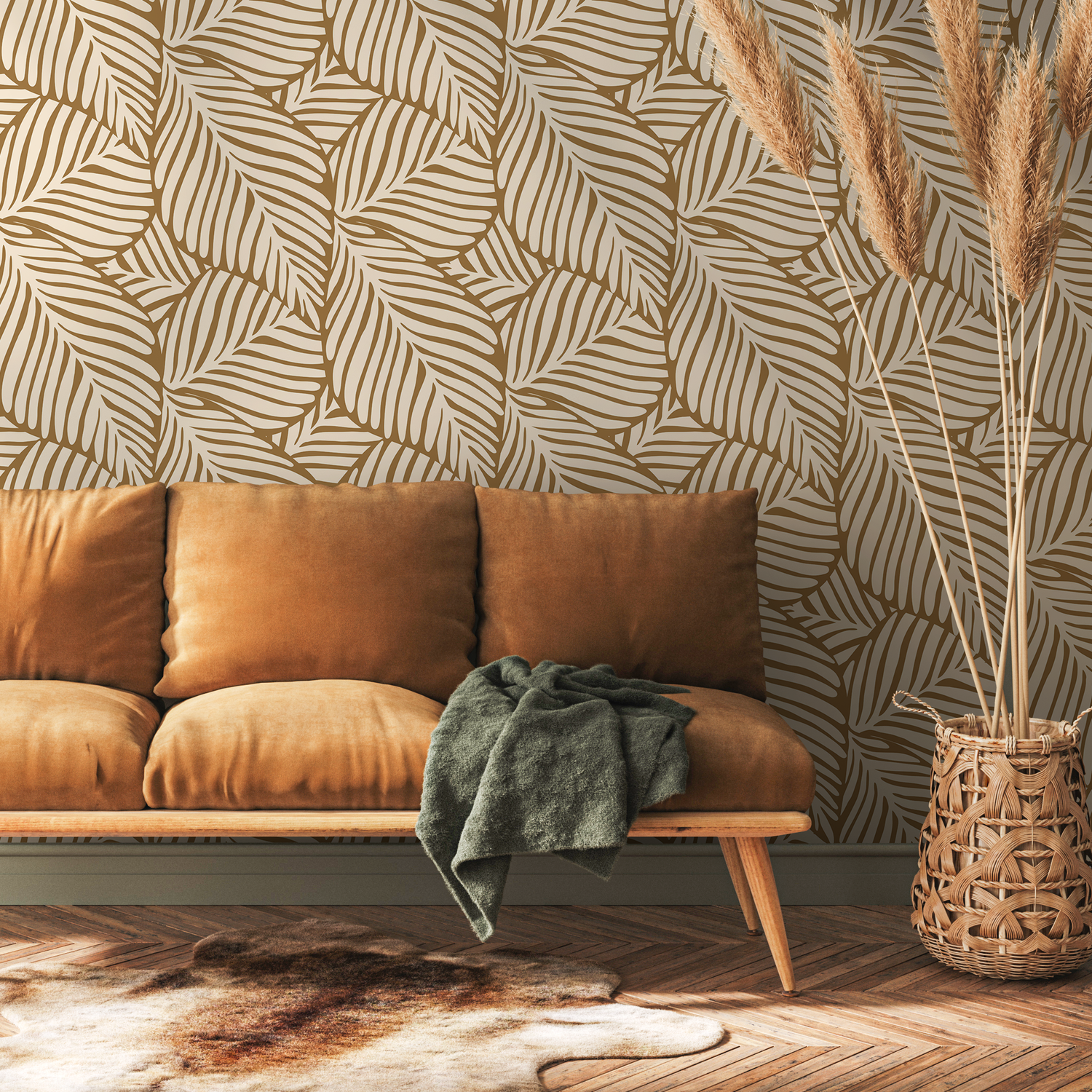 Botanical Wallpaper with a Stylized Leaf Motif in Tan and Beige - C108