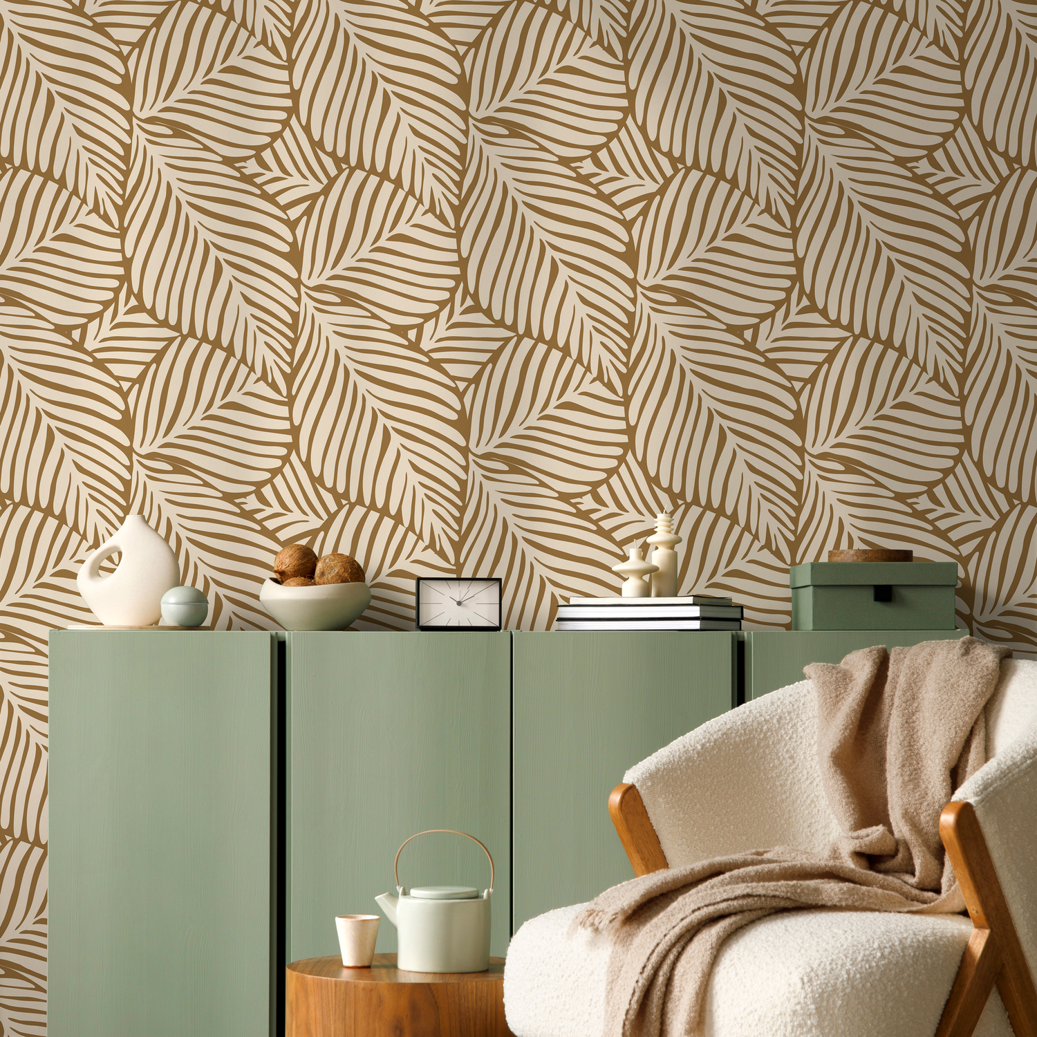 Botanical Wallpaper with a Stylized Leaf Motif in Tan and Beige - C108