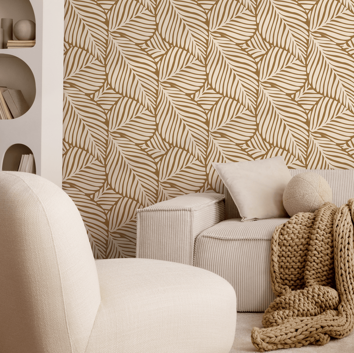 Botanical Wallpaper with a Stylized Leaf Motif in Tan and Beige - detail view