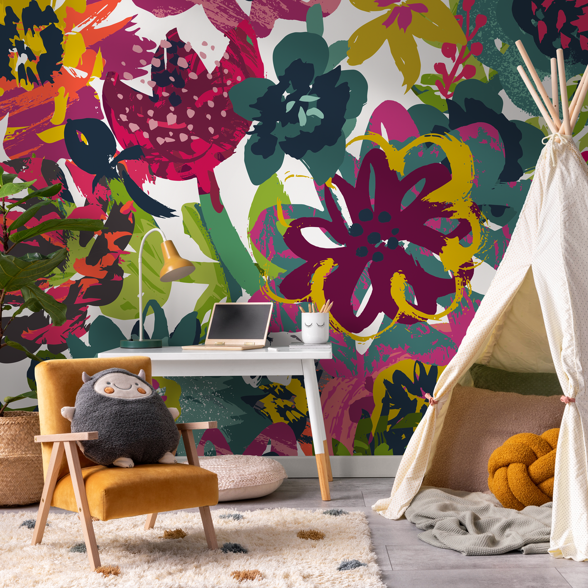 Abstract Floral Wallpaper with a Bold Brushstroke Motif in Magenta, Green, and Yellow - detail view