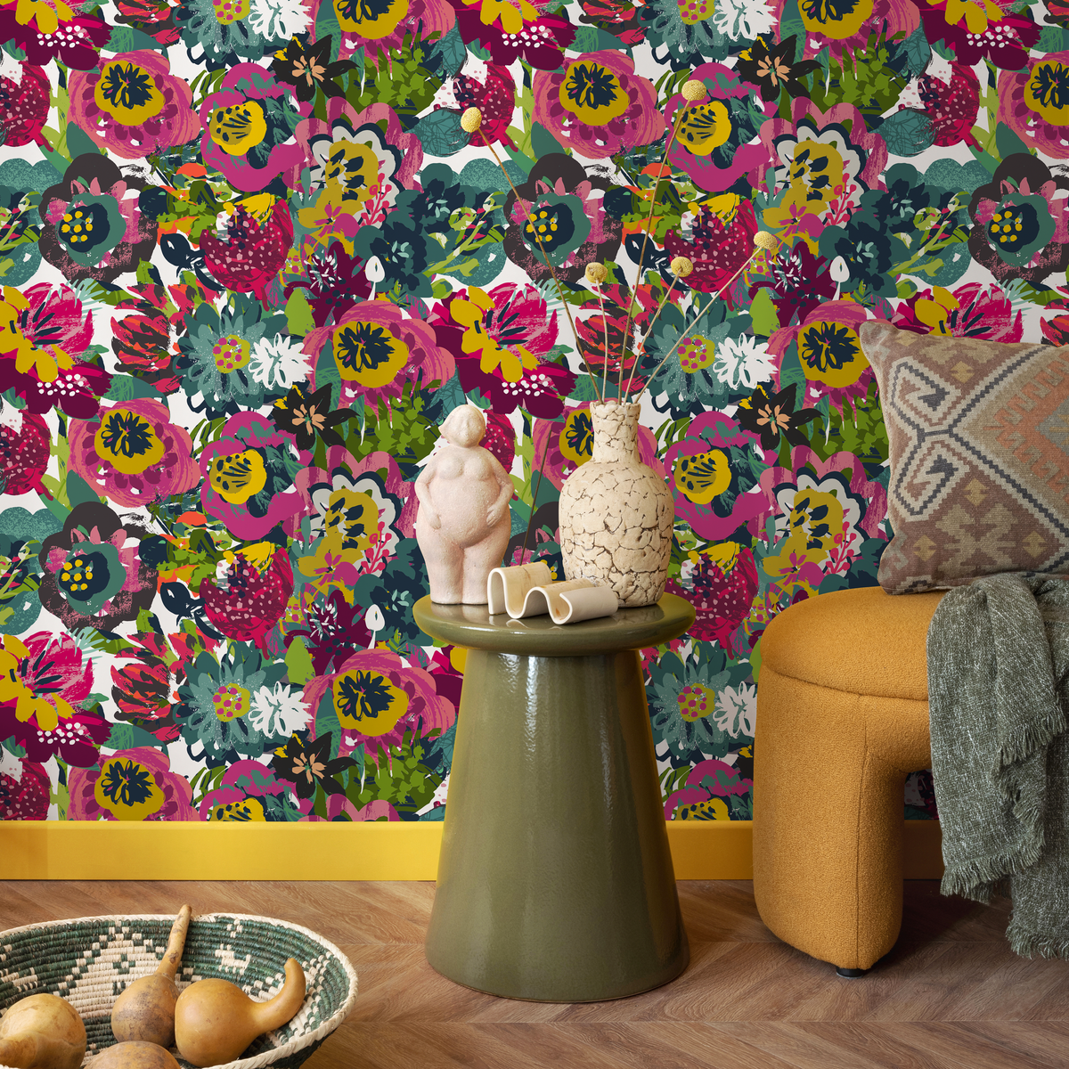 Abstract Floral Wallpaper with a Painterly Motif in Pink, Teal, and Yellow - detail view