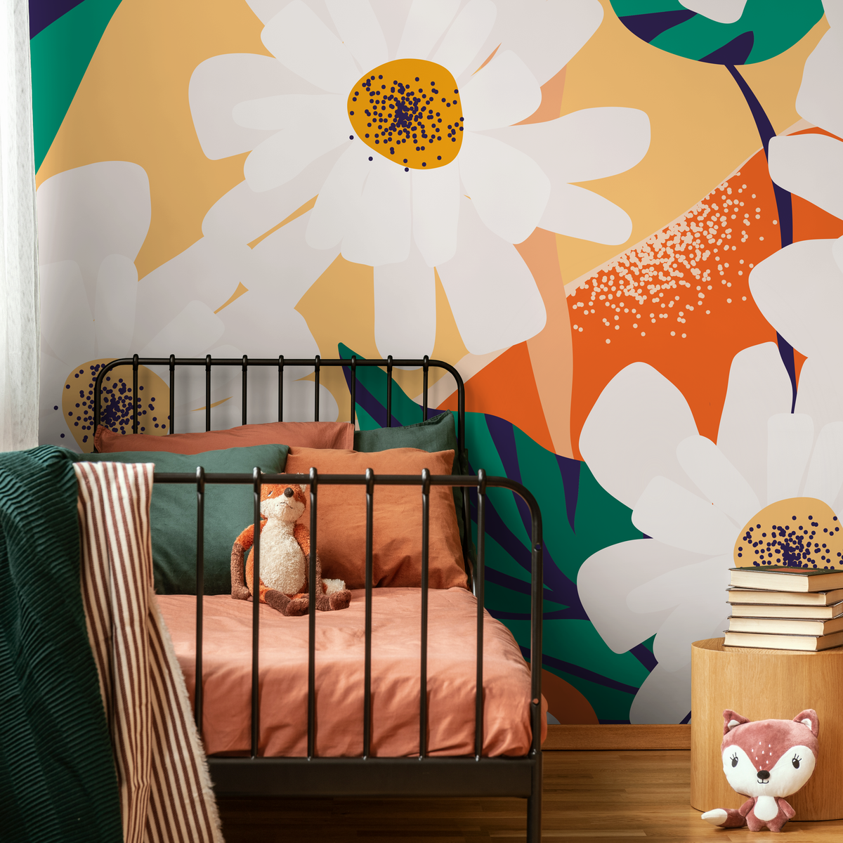 Floral Wallpaper with Large Graphic Daisies in Yellow, Orange, and Green - detail view