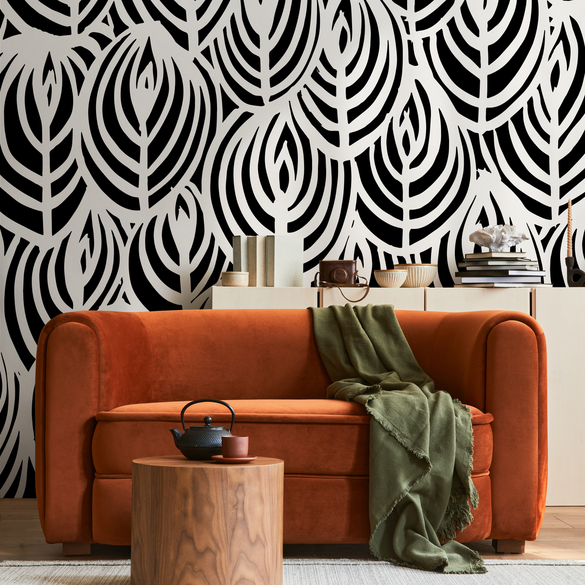 Abstract Wallpaper with an Overlapping Leaf Motif in Black and White - detail view