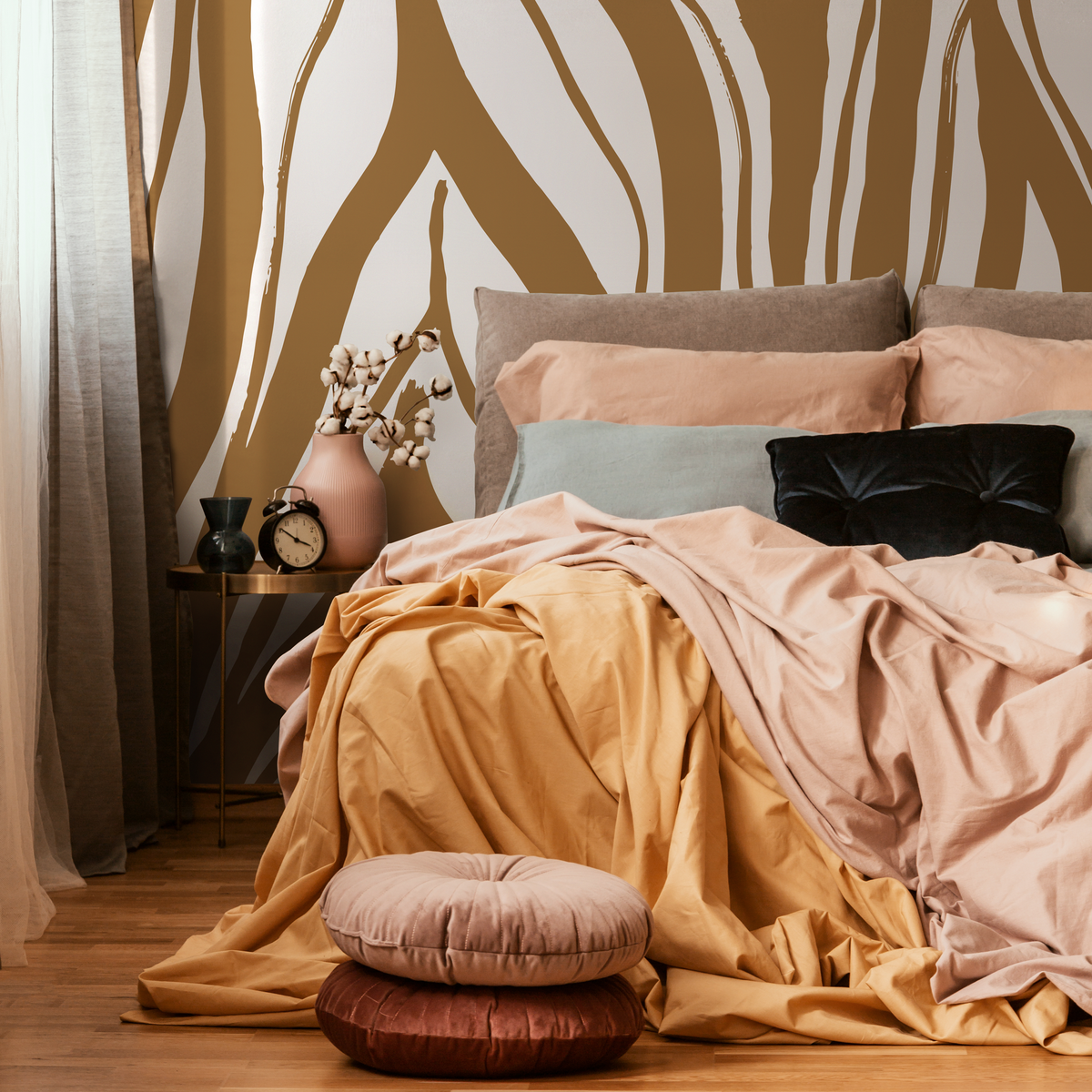 Abstract Wallpaper Featuring Brown Brushstroke Palm Leaves on White - detail view