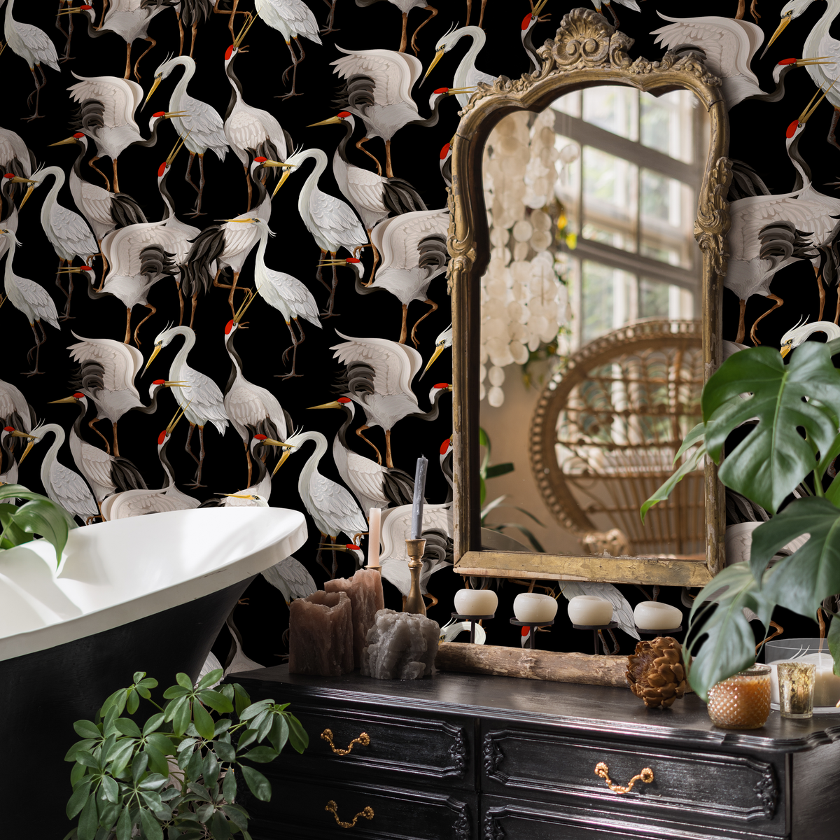 Chinoiserie Wallpaper Featuring Japanese Cranes in Black, White, and Red - detail view