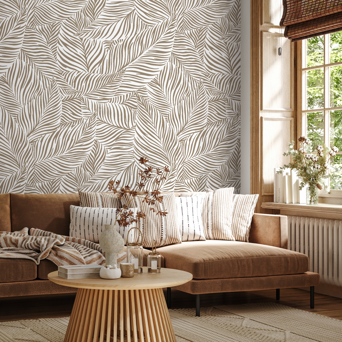 Botanical Wallpaper with a Stylized Palm Leaf Motif in Warm Taupe - detail view