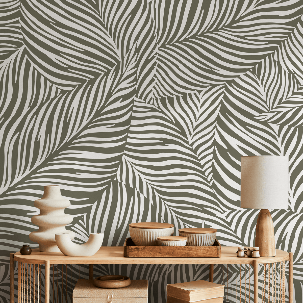 Modern Botanical Wallpaper with a Bold Palm Frond Motif in Green and White - detail view