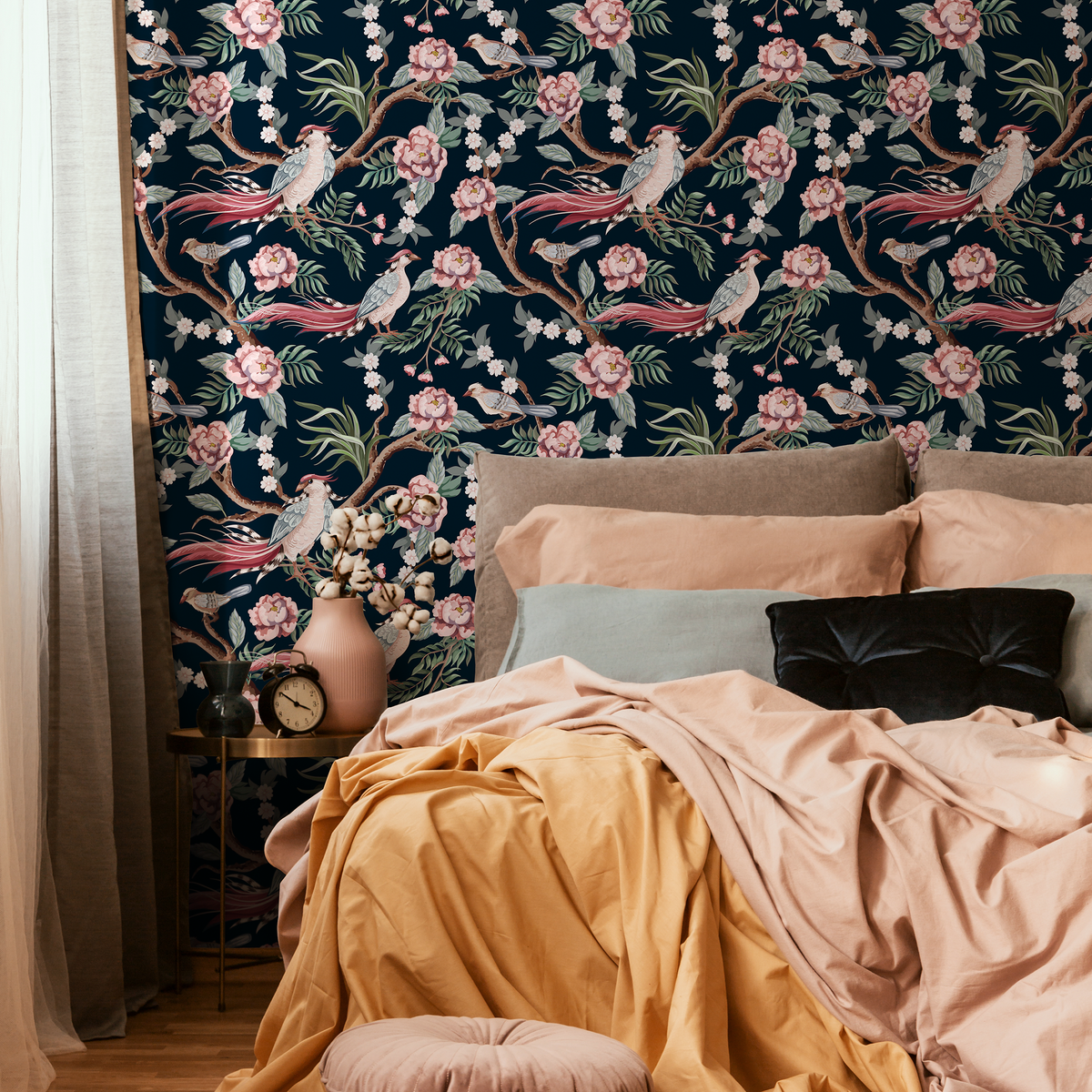 Chinoiserie Wallpaper with Peonies and Birds in Pink, Green, and Red - detail view