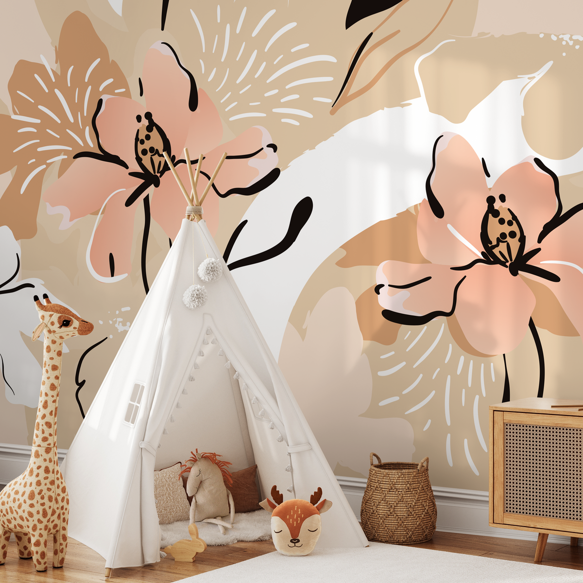 Abstract Wallpaper Featuring a Large Stylized Flower in Coral, Beige, and Black - detail view