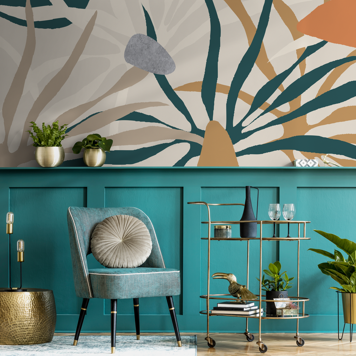 Modern Abstract Wallpaper with Botanical Cutout Shapes in Teal and Orange - detail view