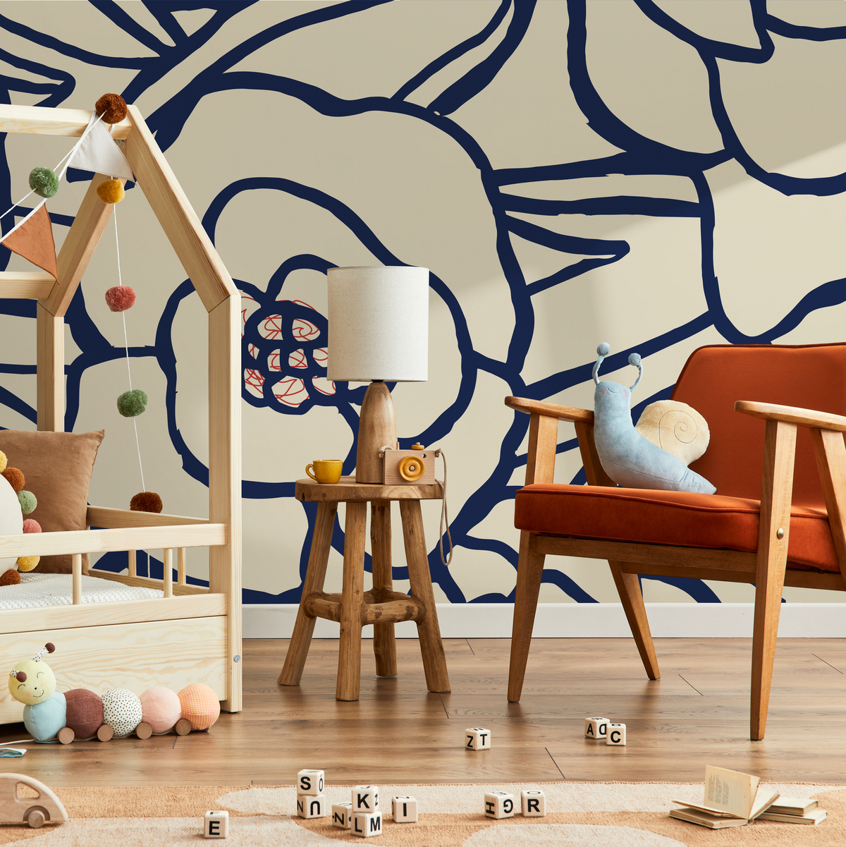 Floral Wallpaper with Bold Abstract Blooms in Navy Blue, Red, and Cream - detail view