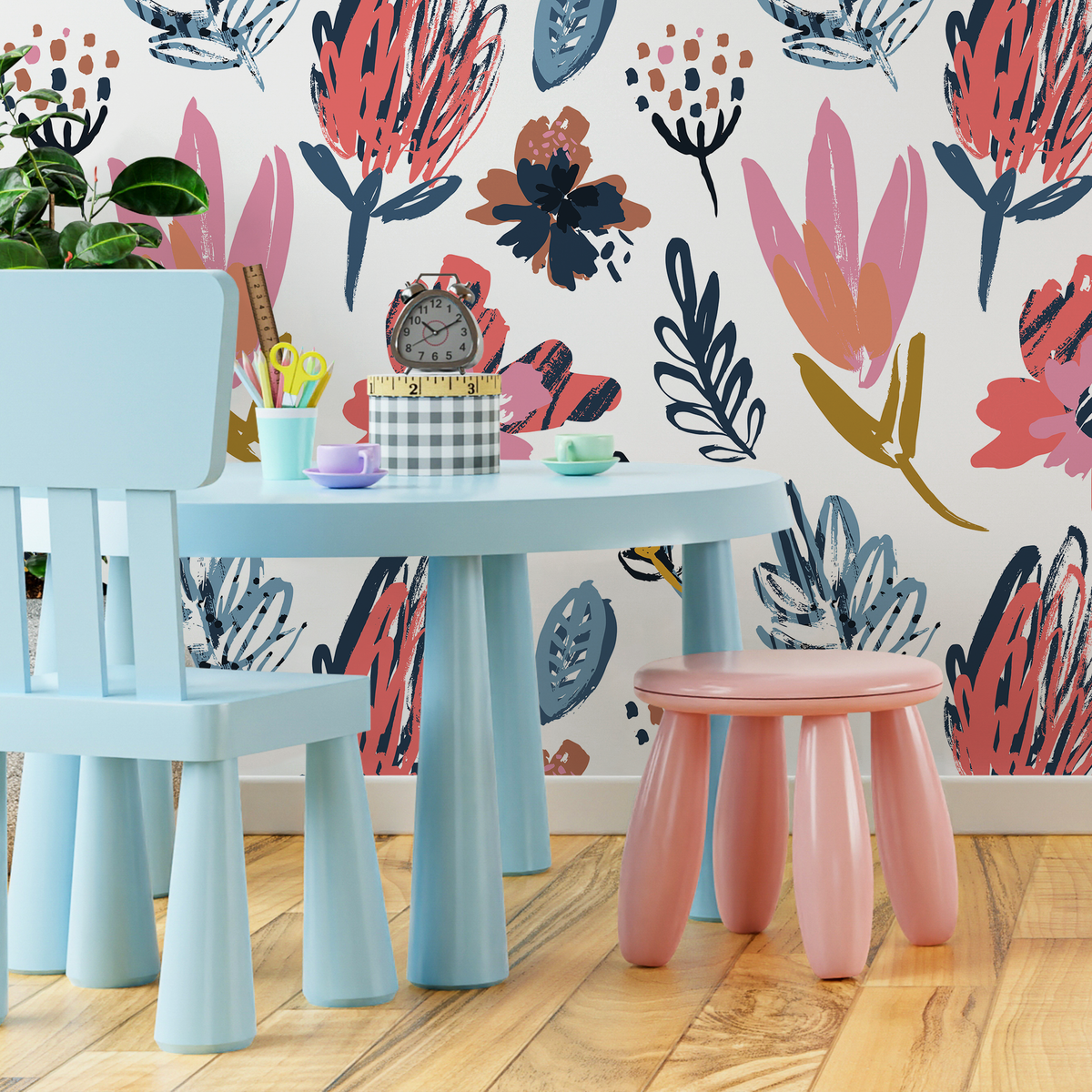 Floral Wallpaper with a Brushstroke Motif in Coral, Blue, and Mustard - detail view