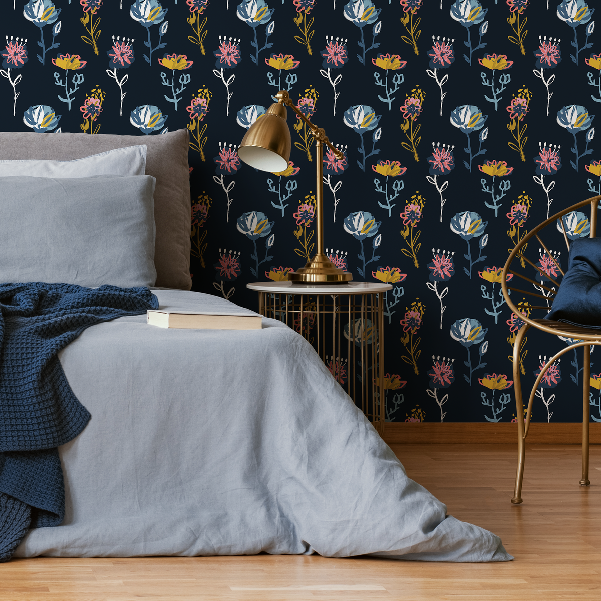 Floral Wallpaper with Abstract Botanicals in Navy, Pink, and Yellow - detail view