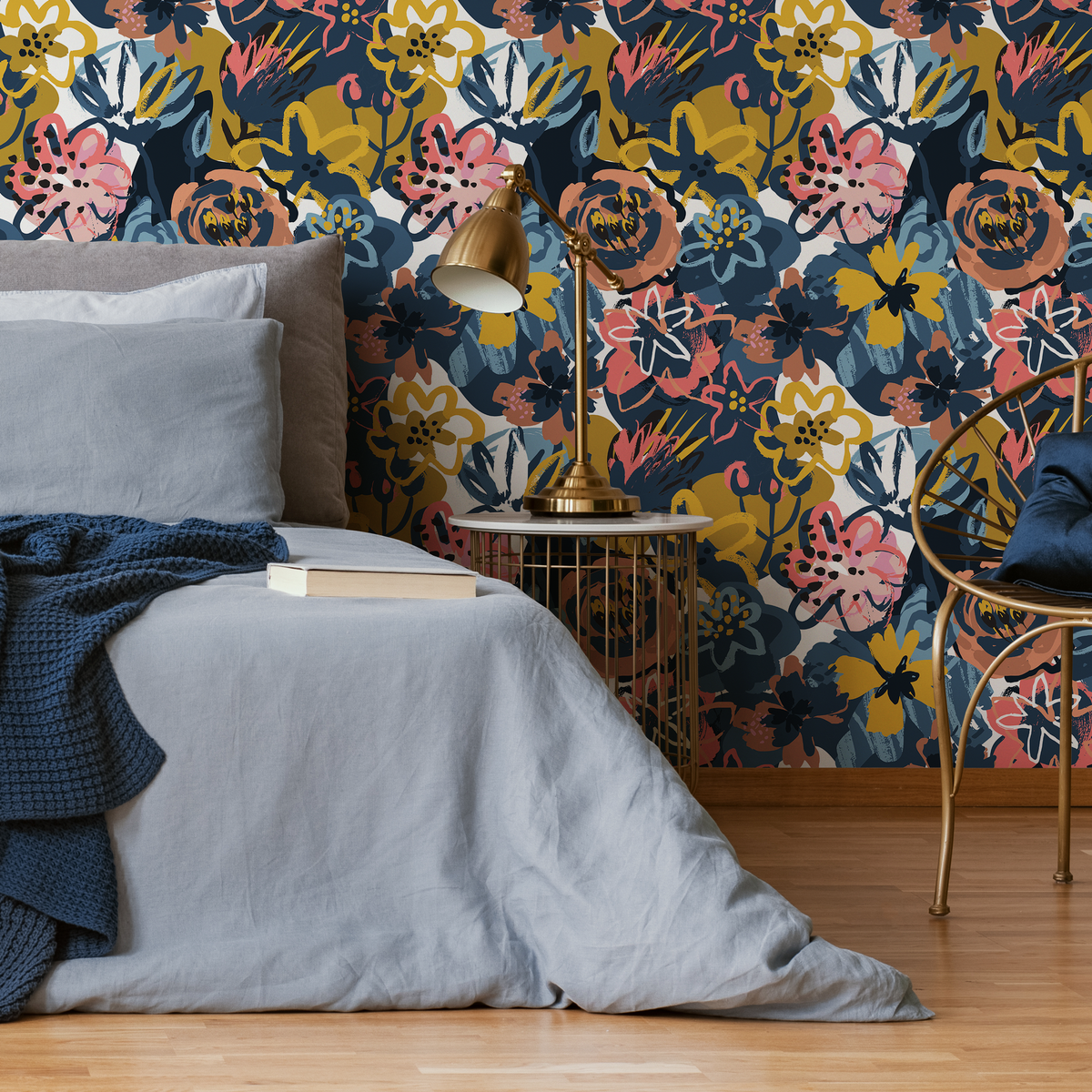 Abstract Floral Wallpaper with a Painterly Motif in Navy Blue, Yellow, and Coral - detail view