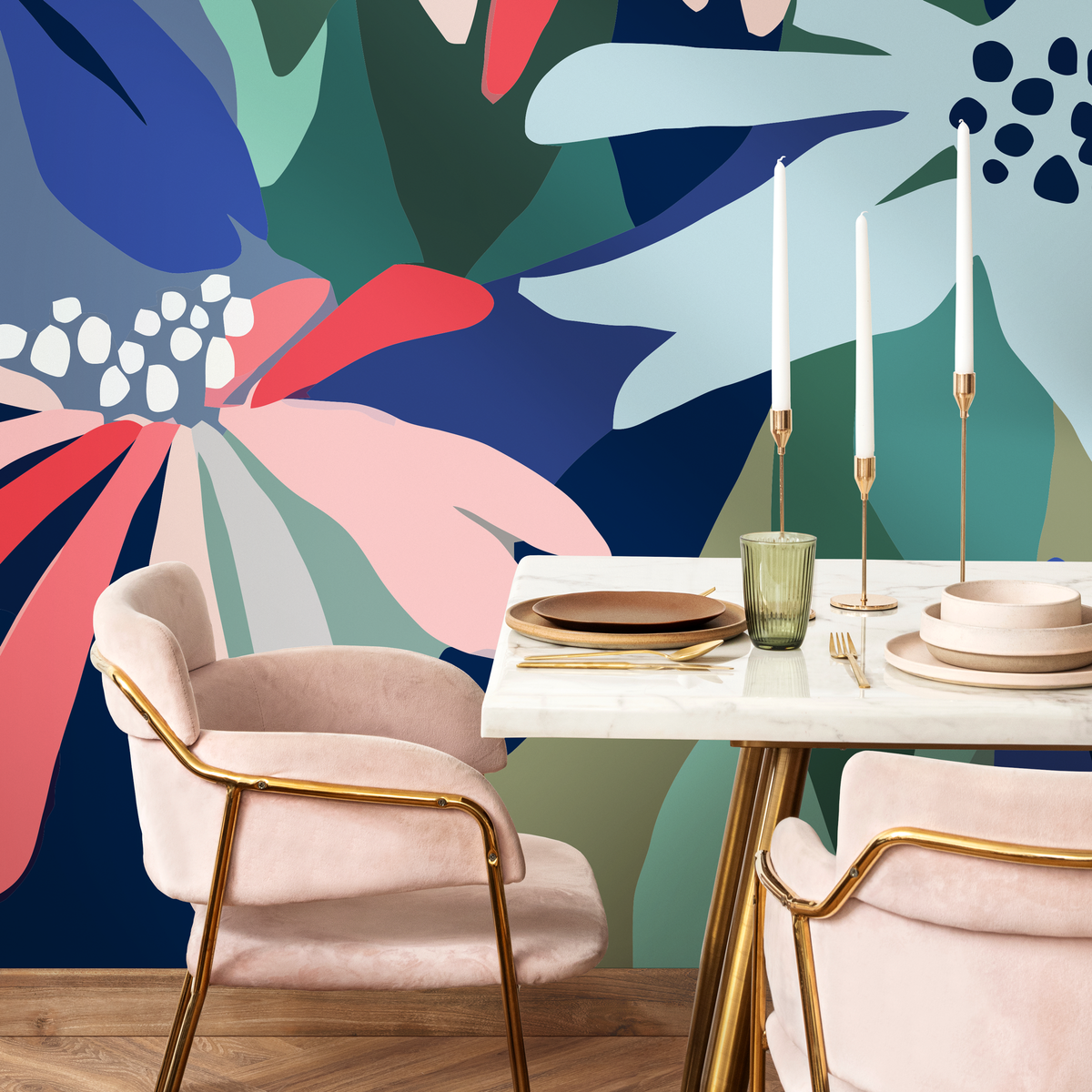 Abstract Wallpaper with Bold Organic Shapes in Blue, Green, and Red - detail view