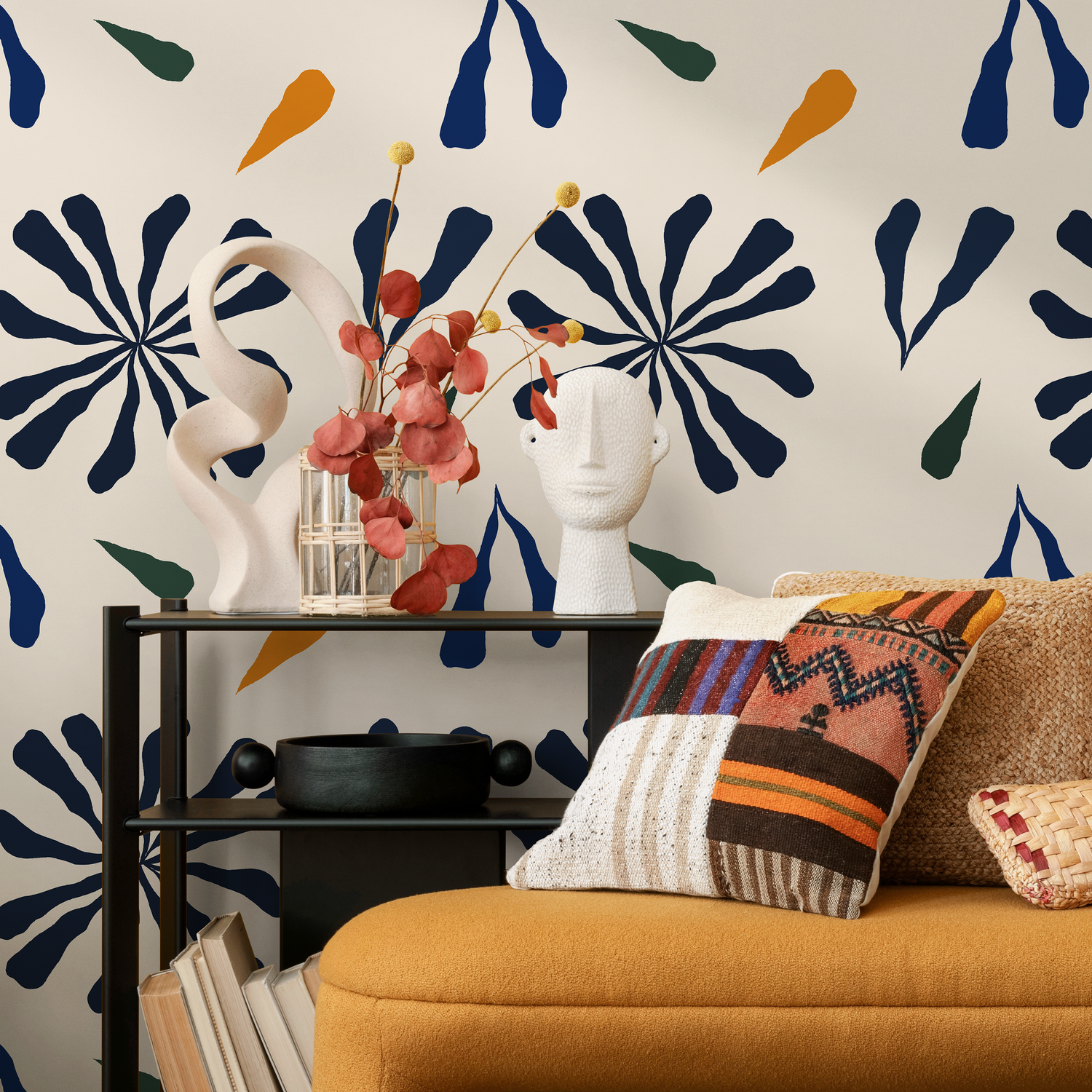 Abstract Floral Wallpaper with Botanical Shapes in Navy Blue, Green, and Orange - C129