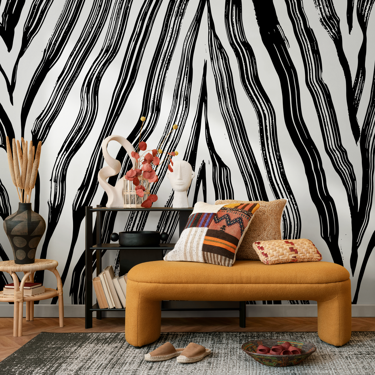 Abstract Wallpaper Featuring Black Brushstroke Palm Leaves on White - detail view