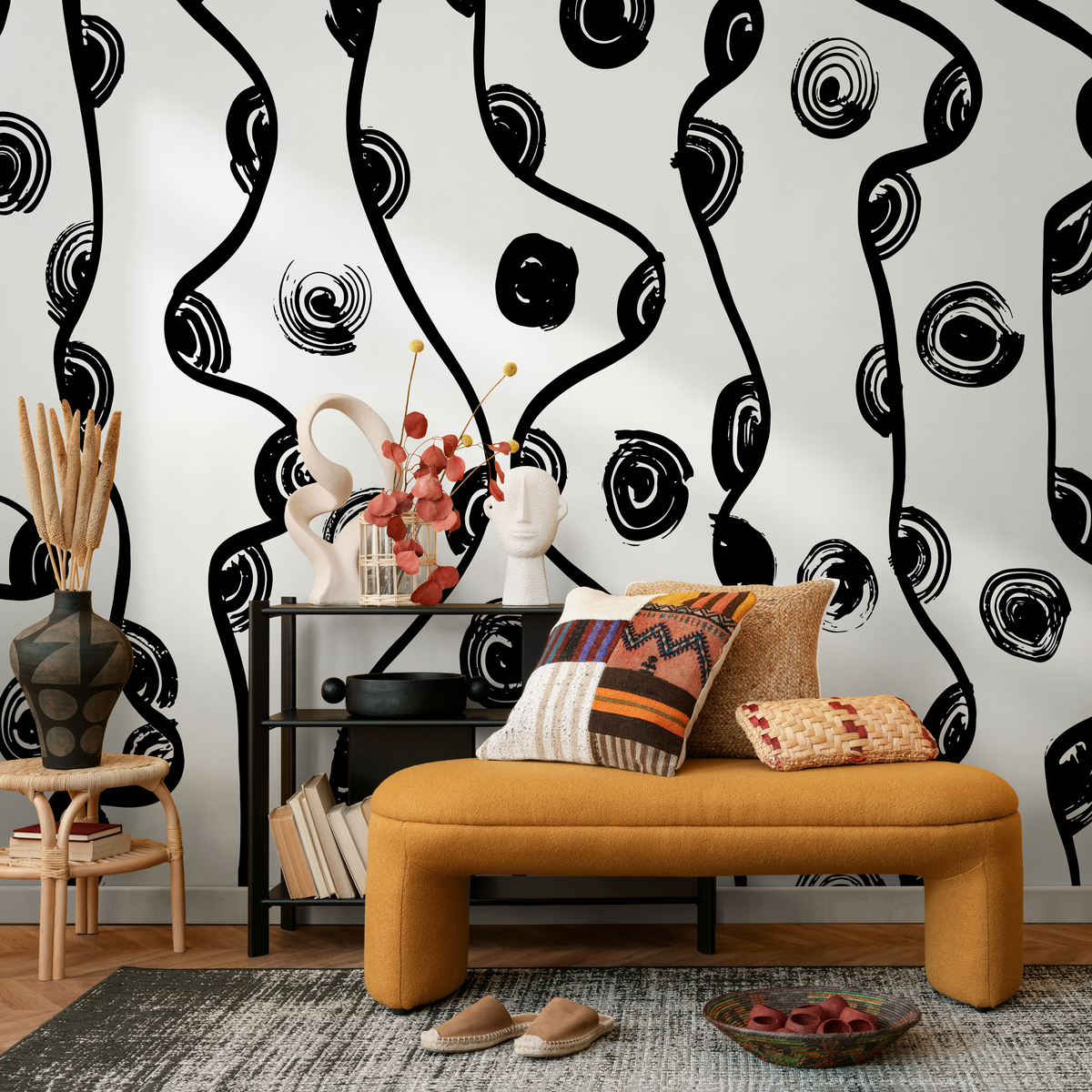 Abstract Wallpaper with Bold Brushstroke Swirls in Black and White - detail view