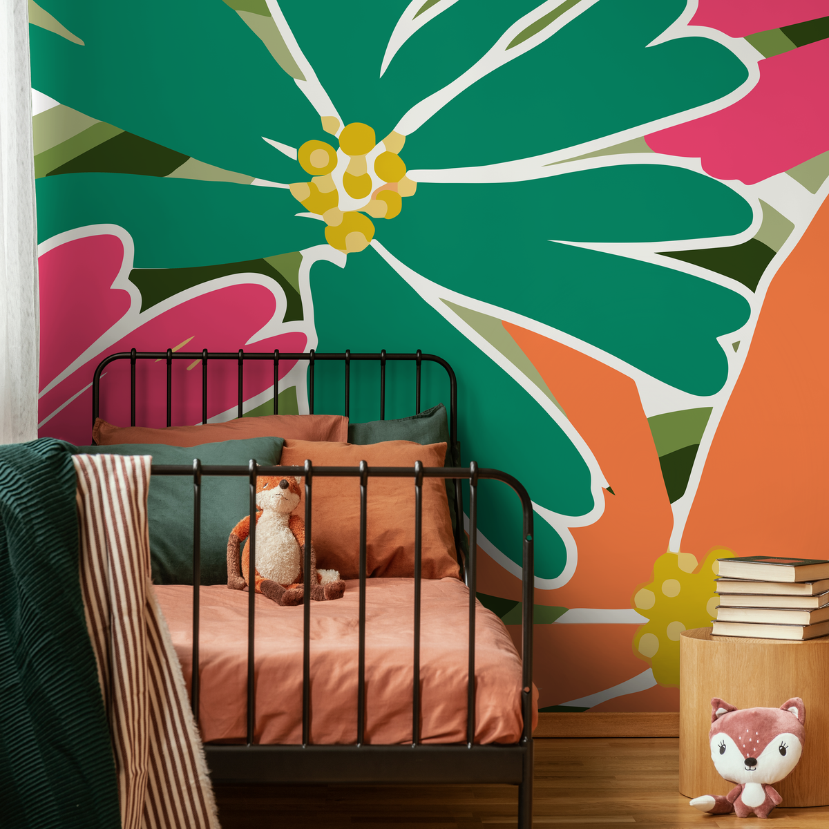 Floral Wallpaper with an Abstract Style in Green, Pink, and Orange - detail view
