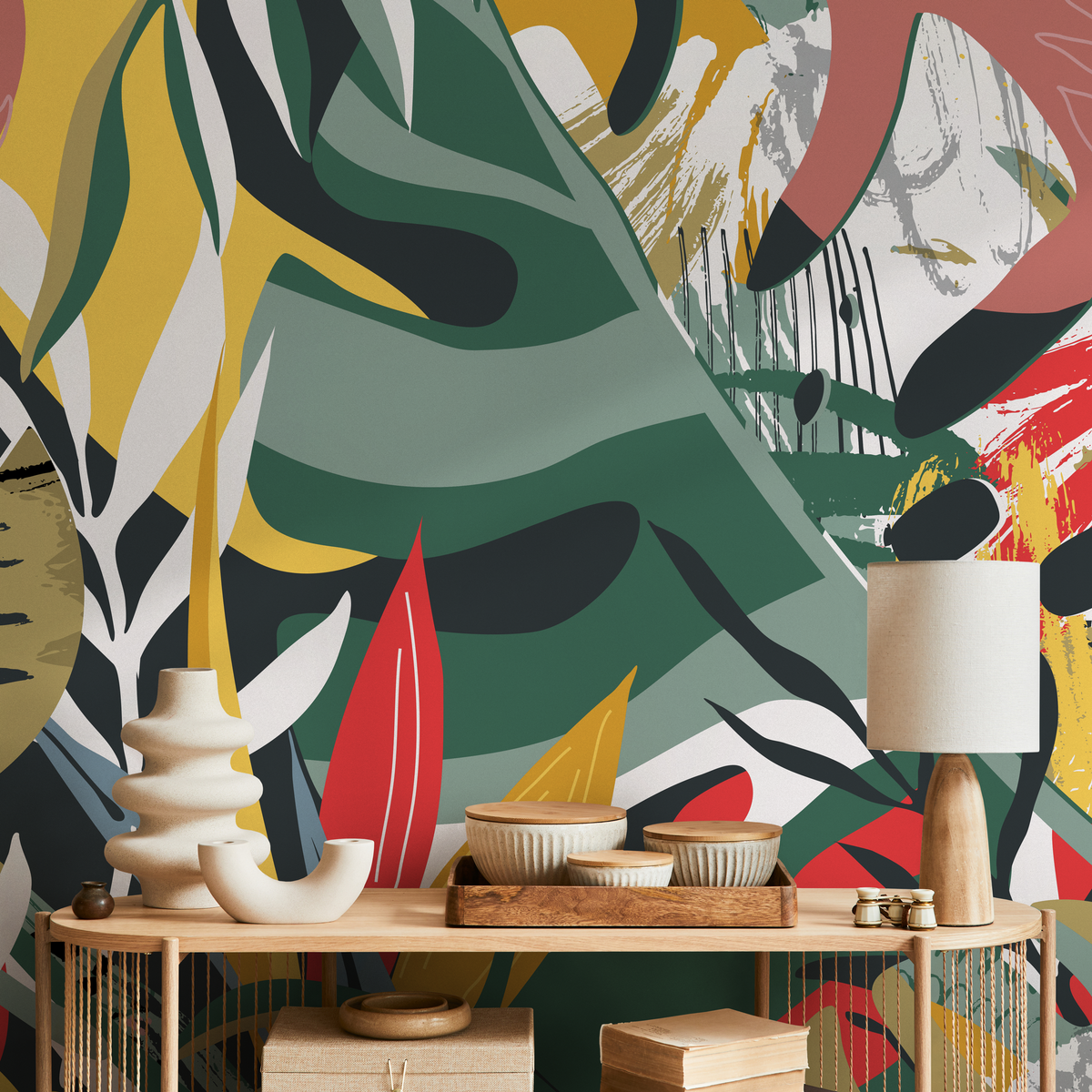 Abstract Botanical Wallpaper with Bold Strokes in Green, Yellow, and Red - detail view