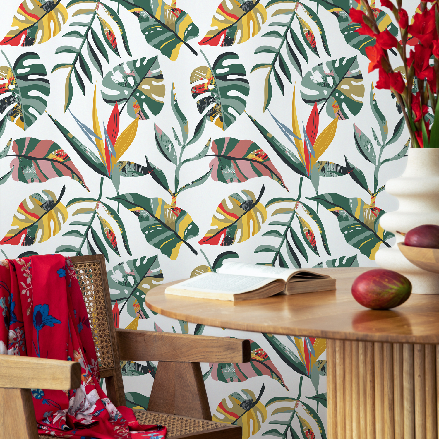 Papier peint autocollant amovible, décoration d'intérieur, art mural, décoration murale, décoration de chambre, feuilles tropicales, papier peint Monstera - C136