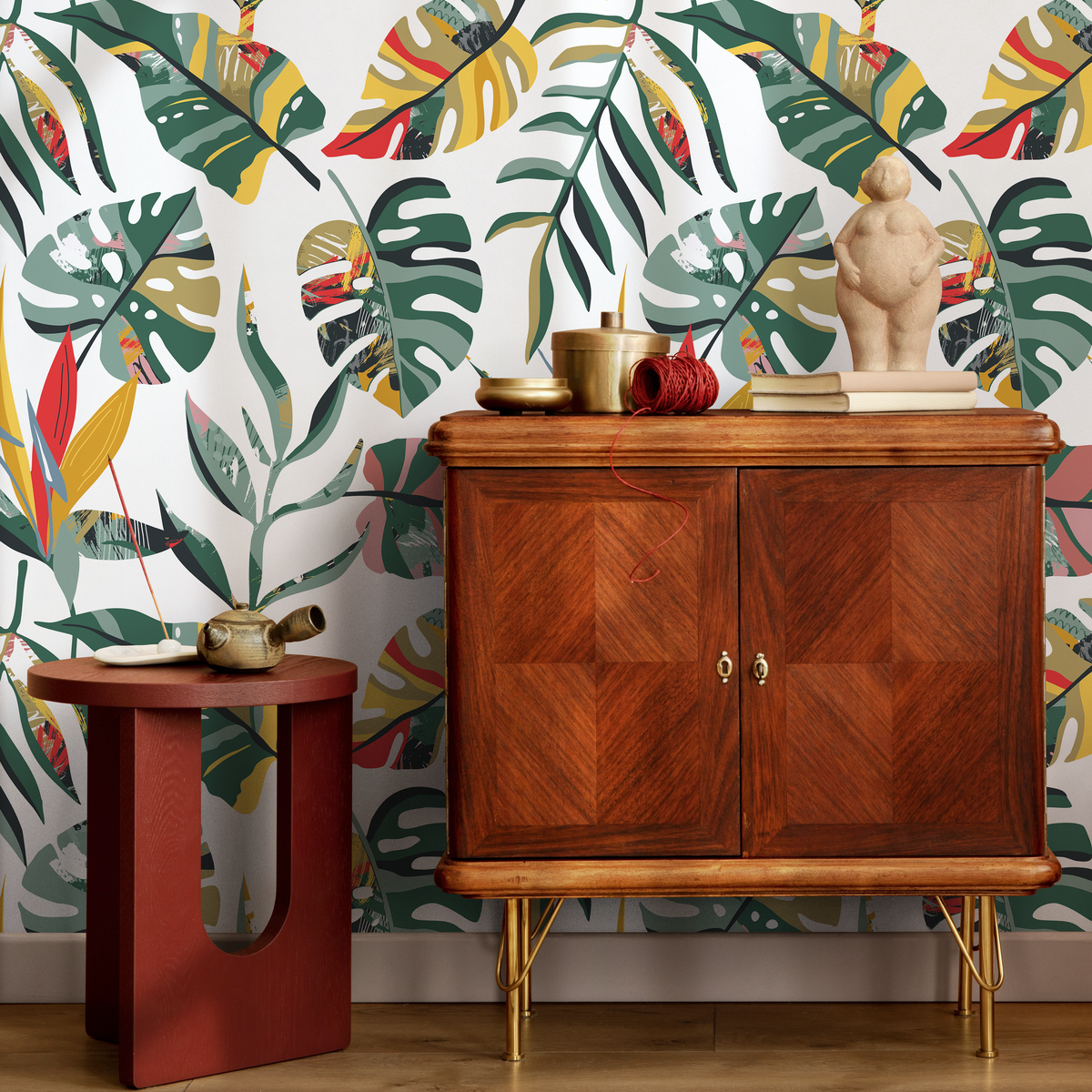 Tropical Wallpaper with Artistic Jungle Leaves in Green, Yellow, and Red - detail view