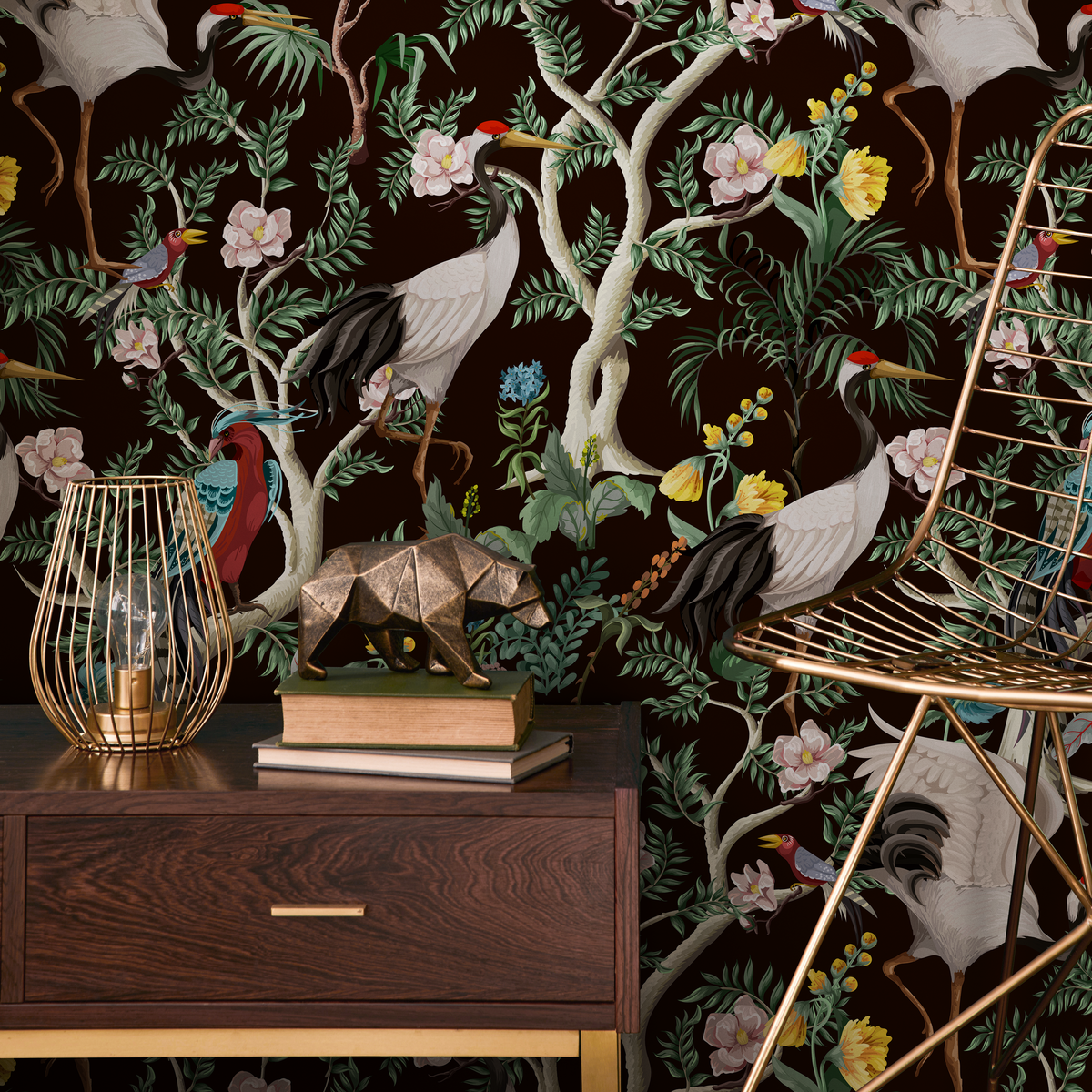 Chinoiserie Wallpaper with Cranes and Floral Branches in Brown, Green, and Red - detail view