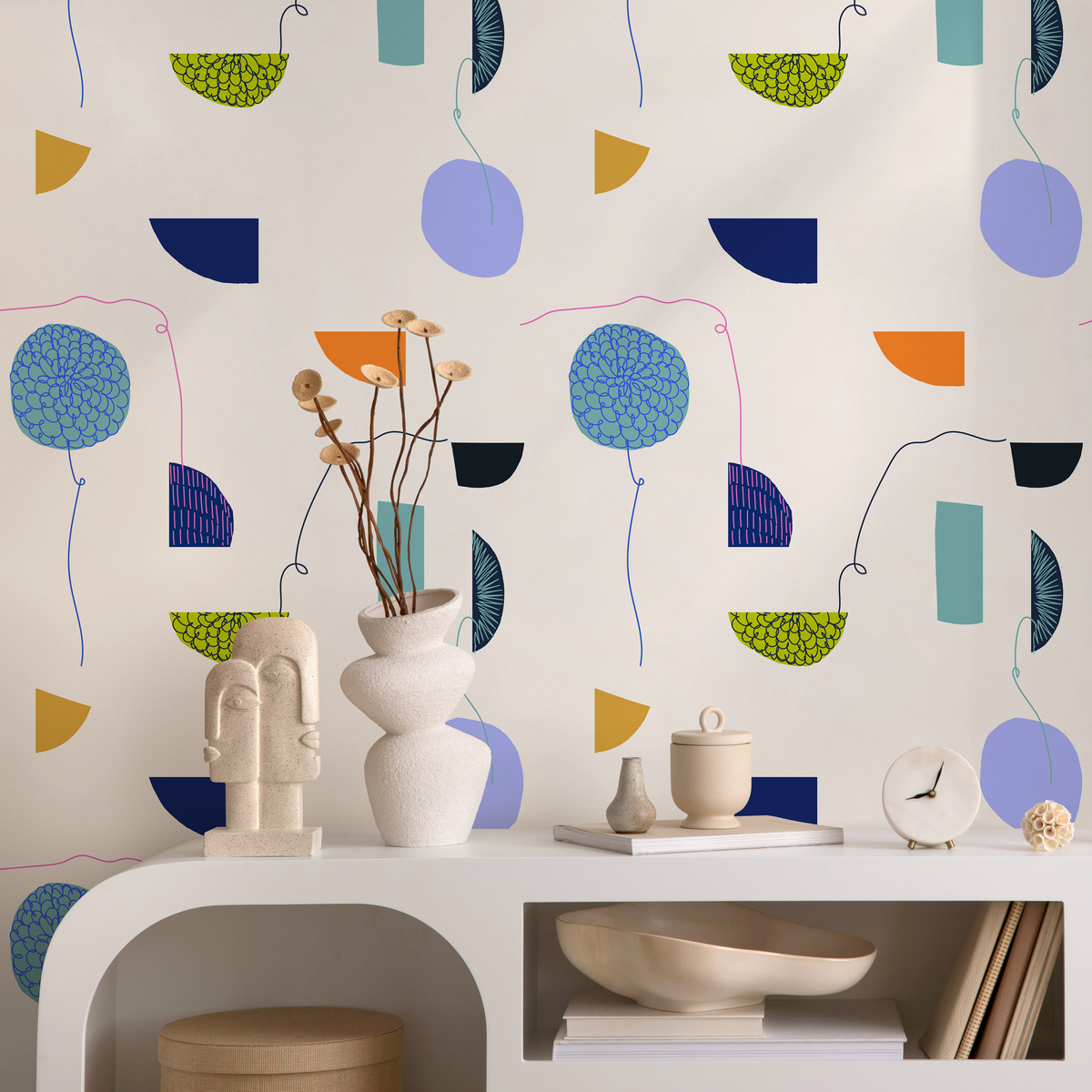 Modern Abstract Wallpaper with Stylized Florals in Blue, Orange, and Lavender - detail view