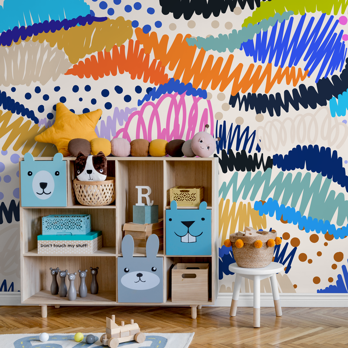 Abstract Wallpaper with Colorful Scribbles in Orange, Blue, and Pink - detail view