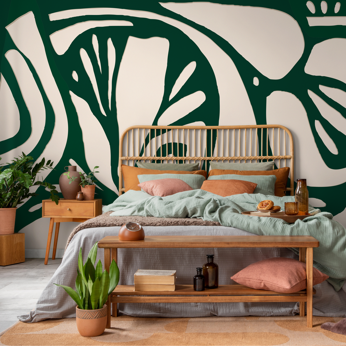 Modern Botanical Wallpaper with a Large Abstract Leaf in Dark Green and Beige - detail view