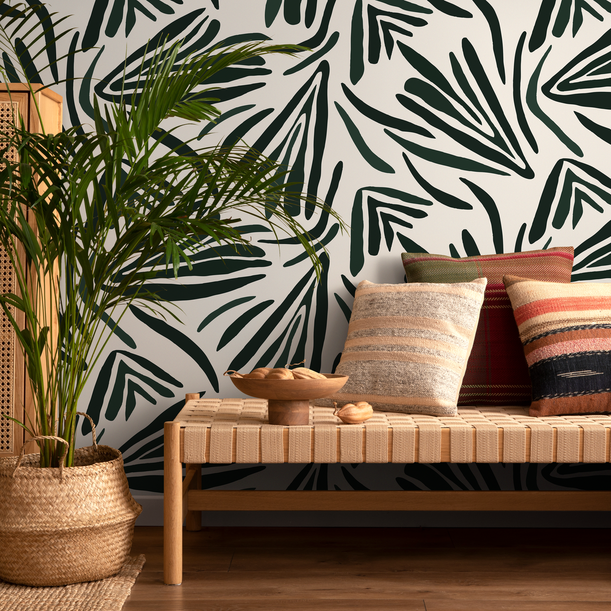 Abstract Wallpaper Featuring Bold Stylized Leaves in Dark Green - detail view