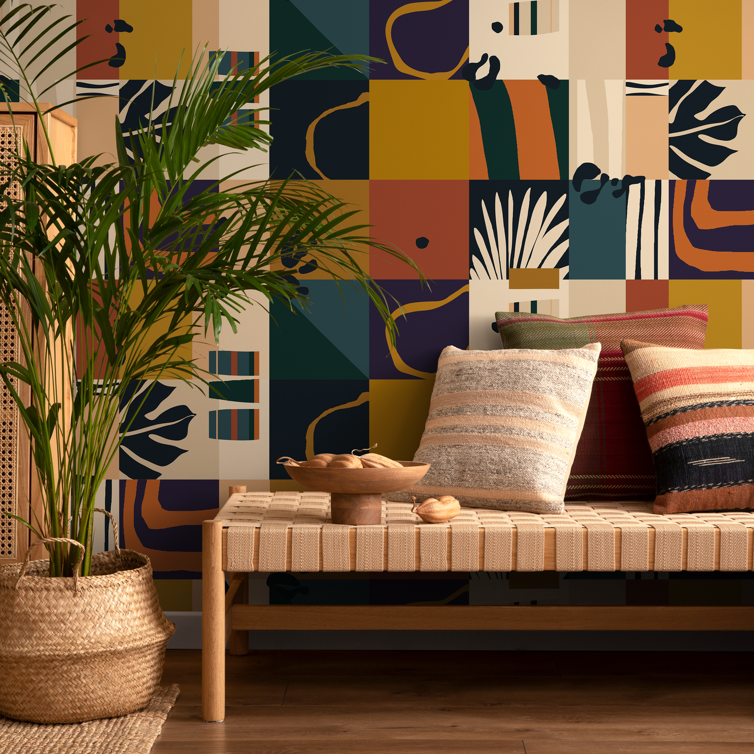 Abstract Wallpaper with Geometric Blocks in Terracotta, Mustard, and Teal - C146