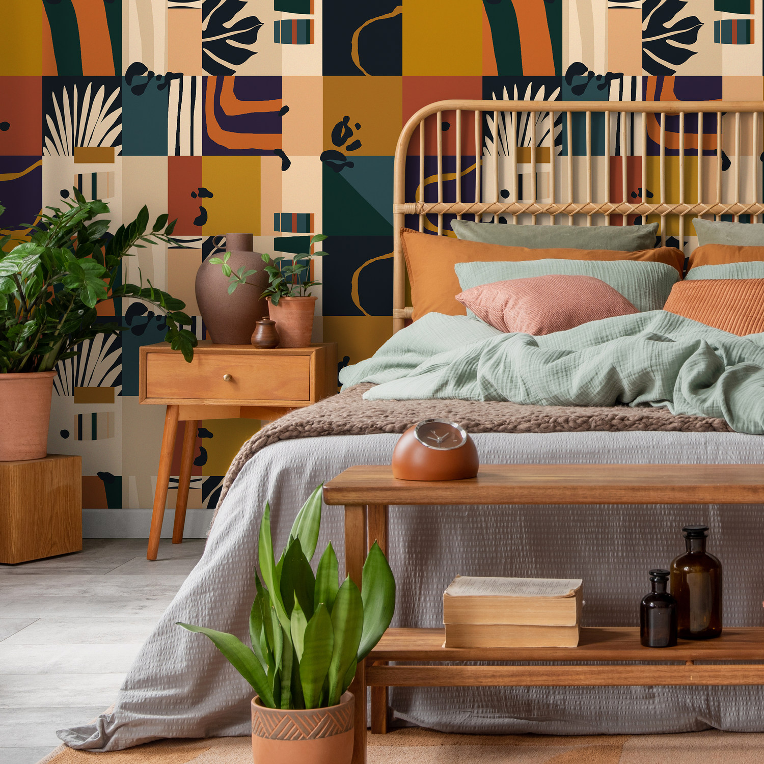 Abstract Wallpaper with Geometric Blocks in Terracotta, Mustard, and Teal - C146