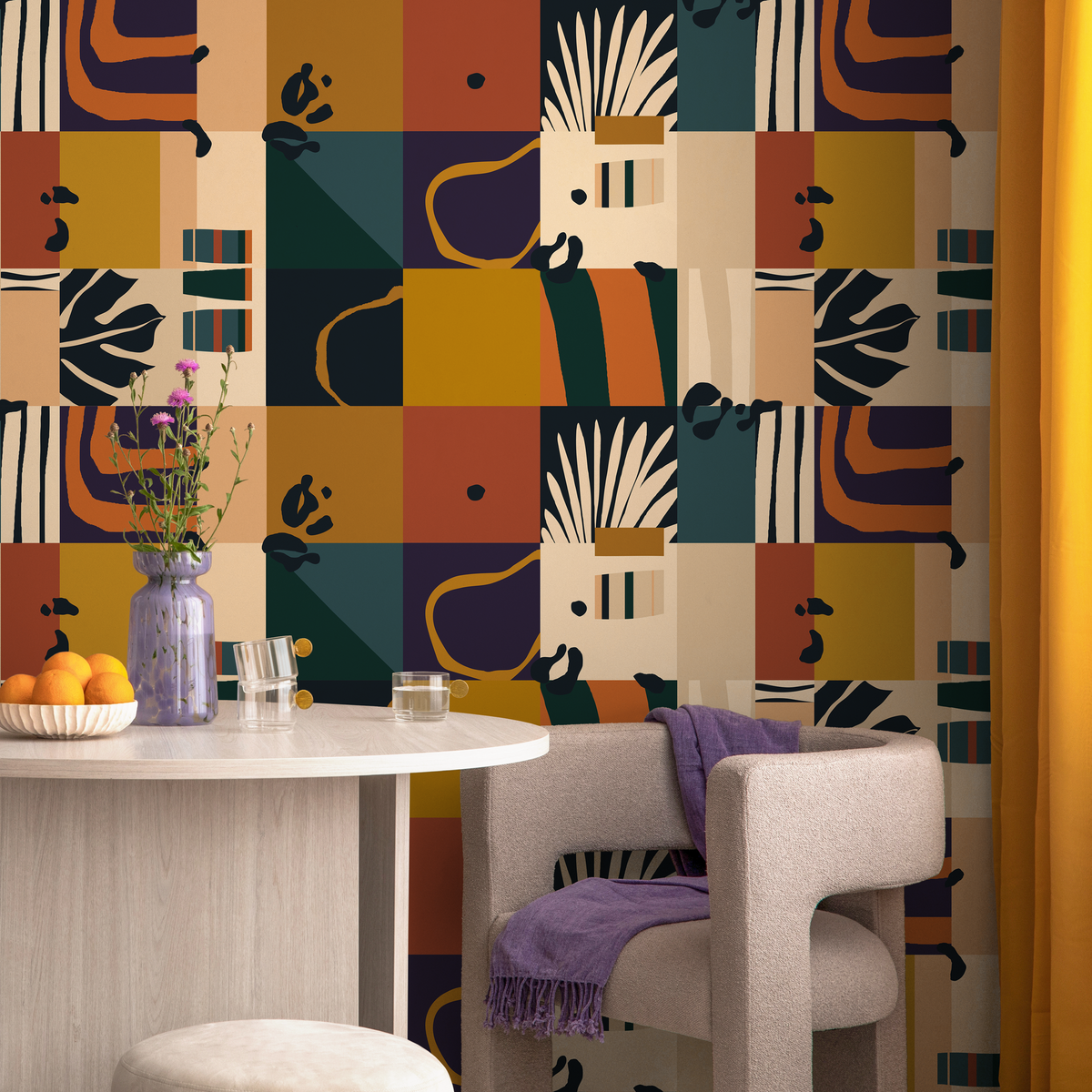 Abstract Wallpaper with Geometric Blocks in Terracotta, Mustard, and Teal - detail view