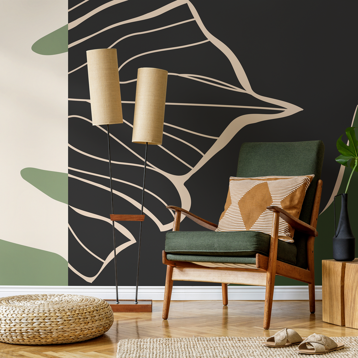 Abstract Wallpaper with Organic Shapes in Black, Green, and Beige - detail view