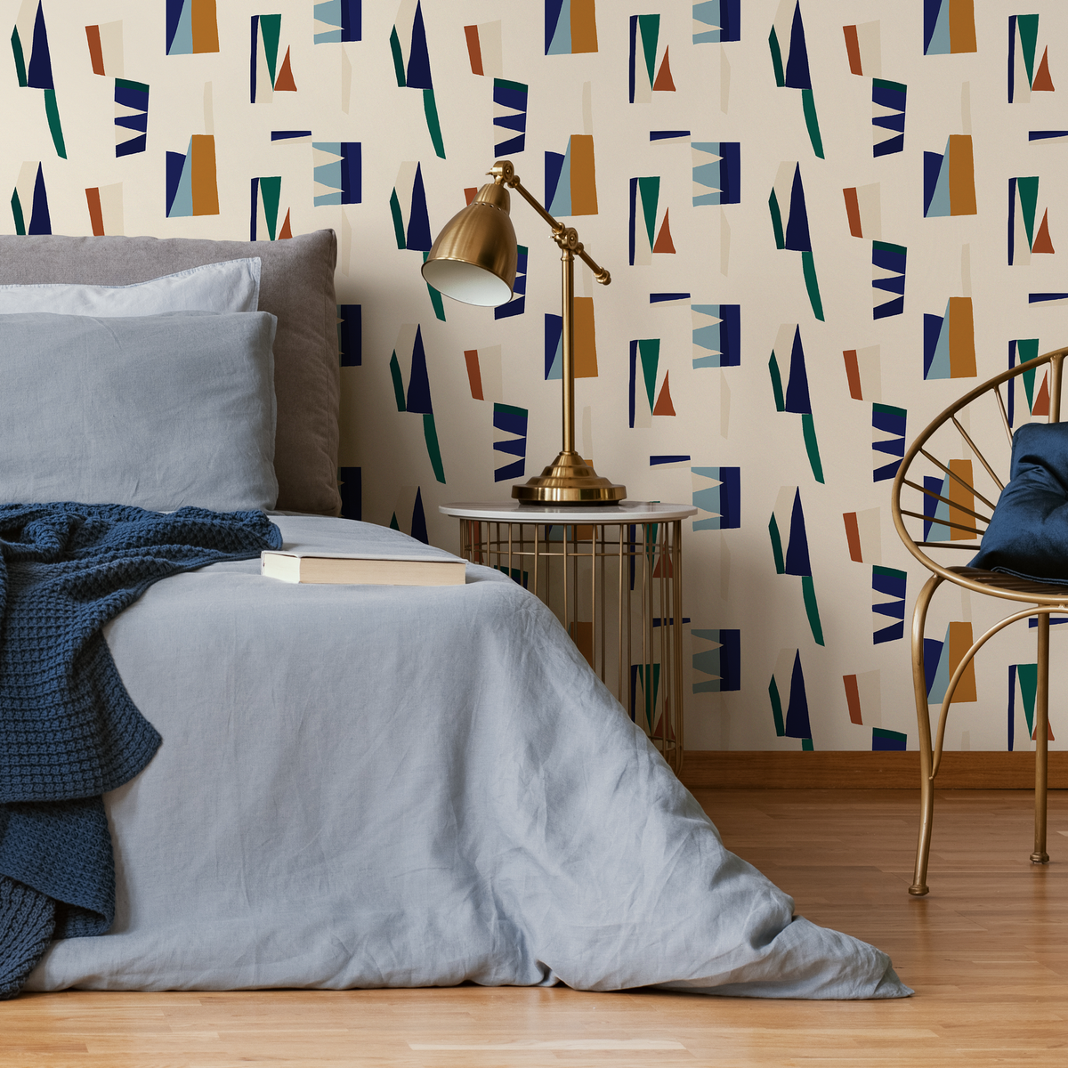 Abstract Wallpaper with Mid-Century Shapes in Blue, Green, and Orange - detail view