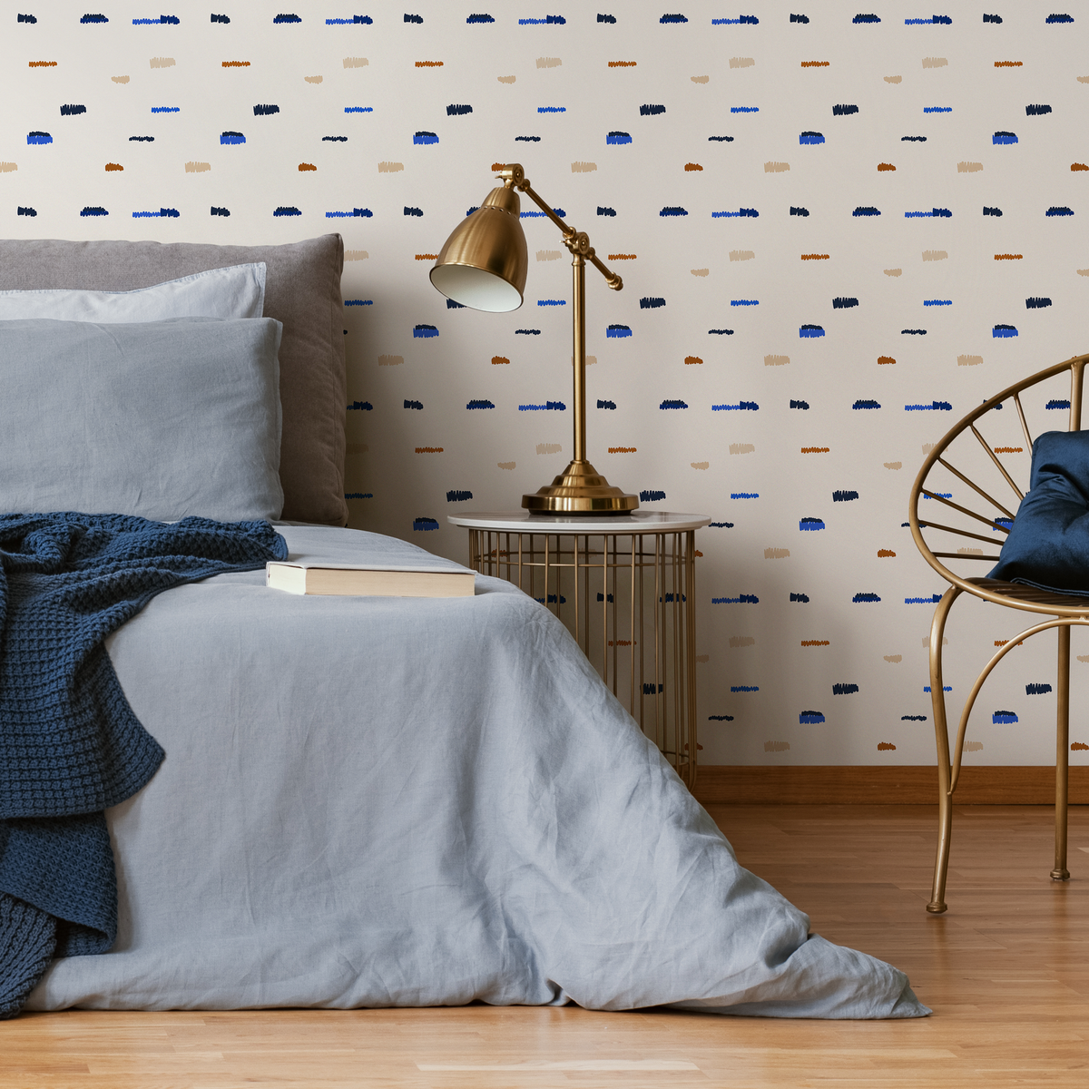 Abstract Wallpaper with Textured Dashes in Blue, Black, and Brown - detail view
