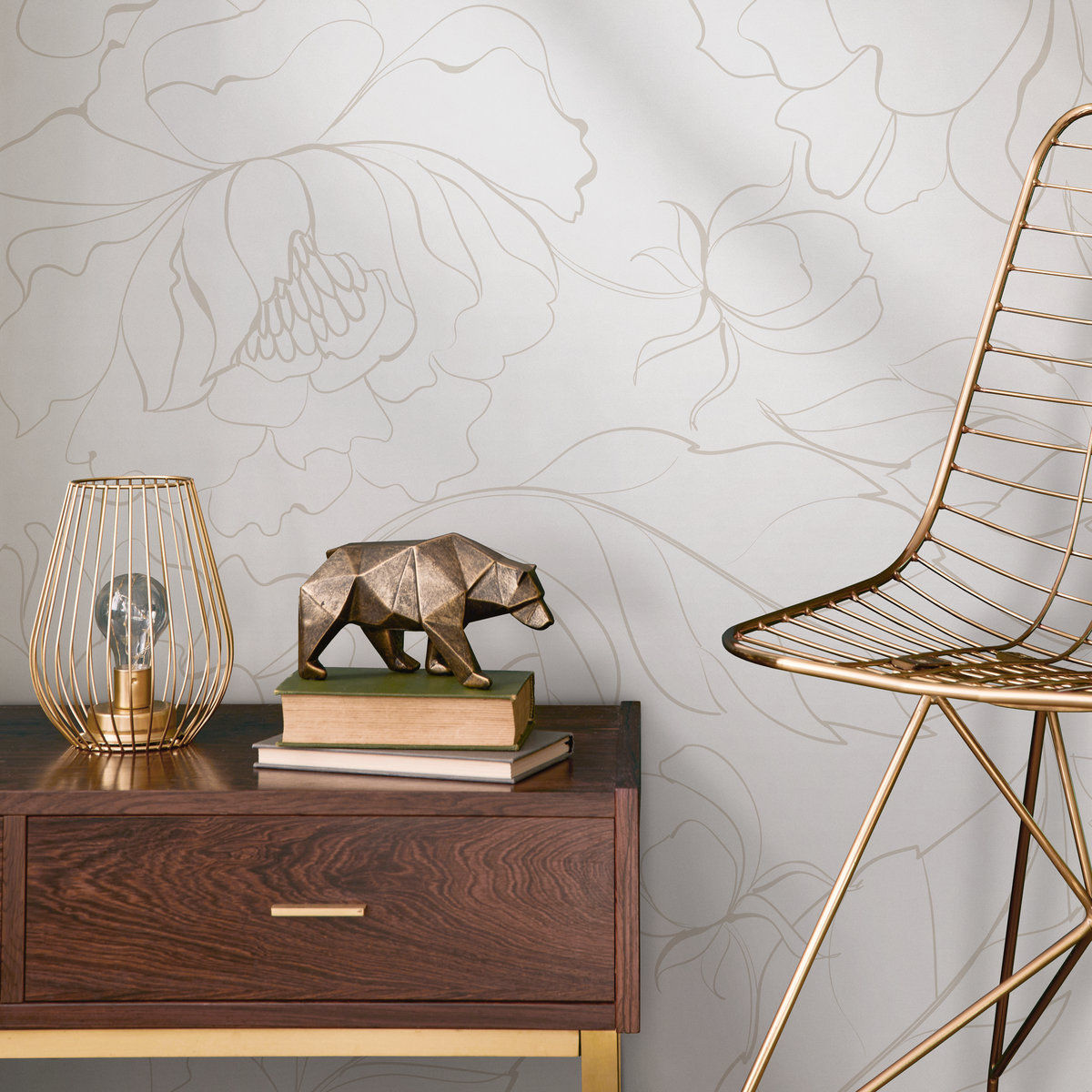Floral Minimalist Wallpaper with Peony Line Art in Beige - detail view