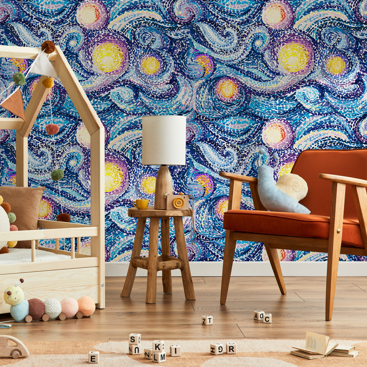 Abstract Wallpaper with a Starry Night Mosaic in Blue and Yellow - room view