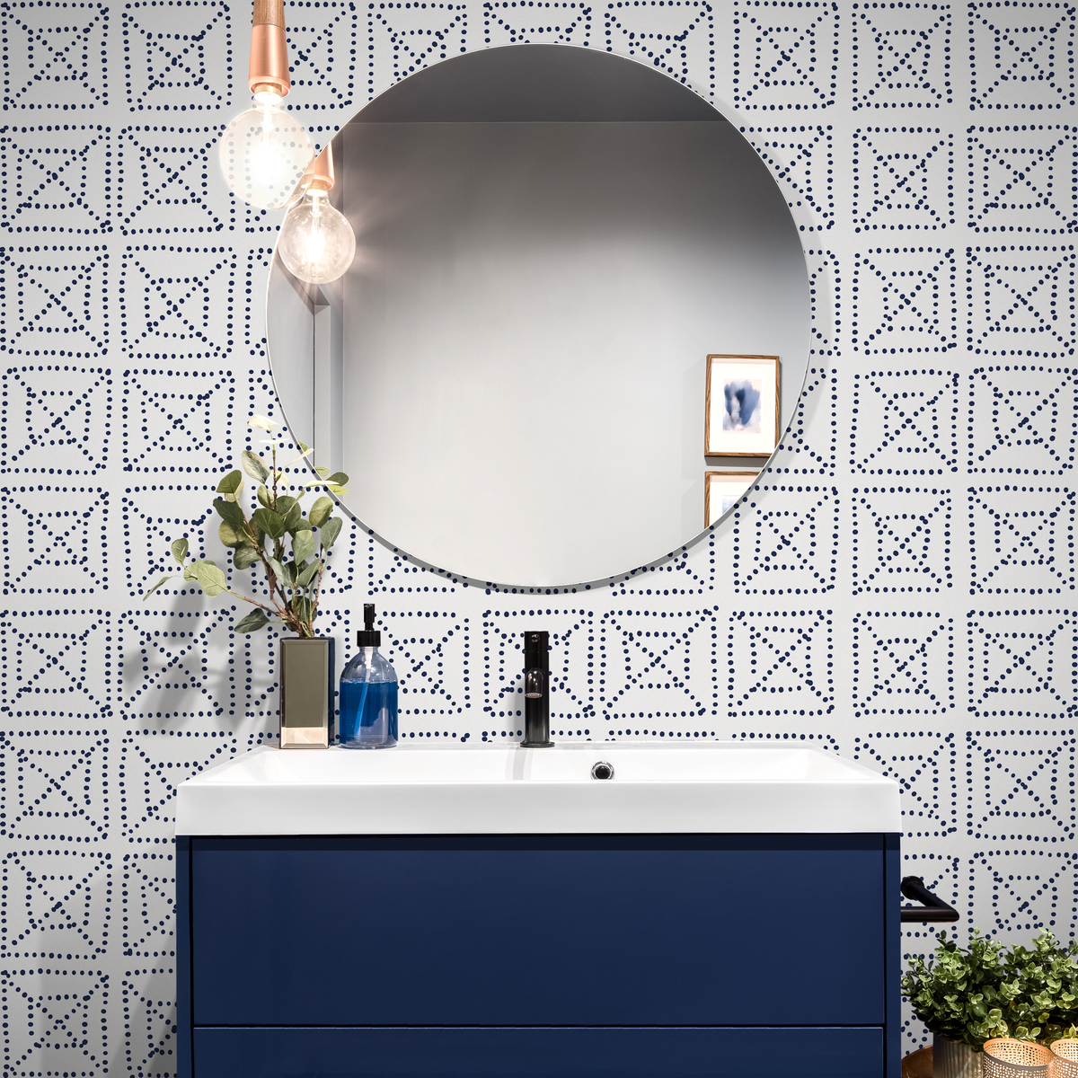 Geometric Wallpaper with a Dotted Tile Motif in Blue - detail view