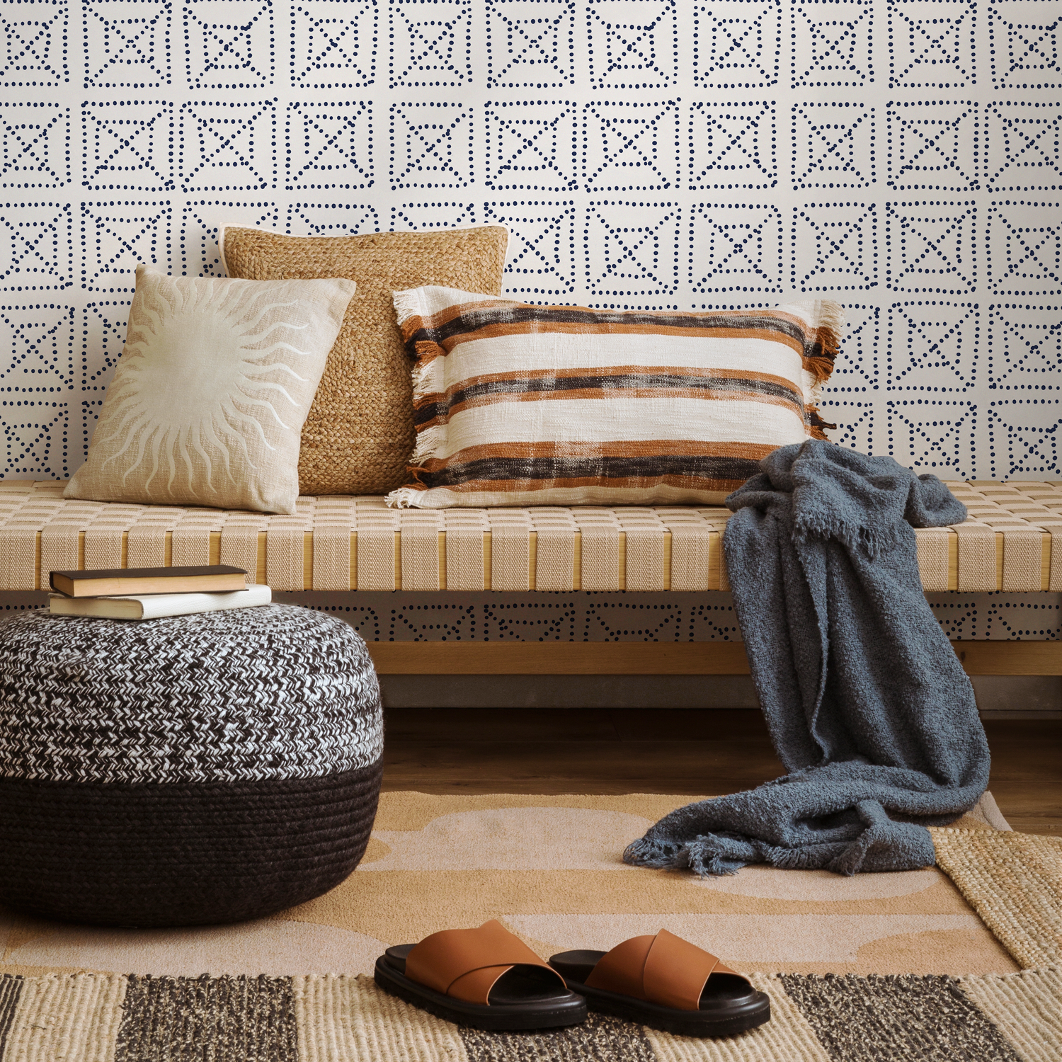 Geometric Wallpaper with a Dotted Tile Motif in Blue - C156