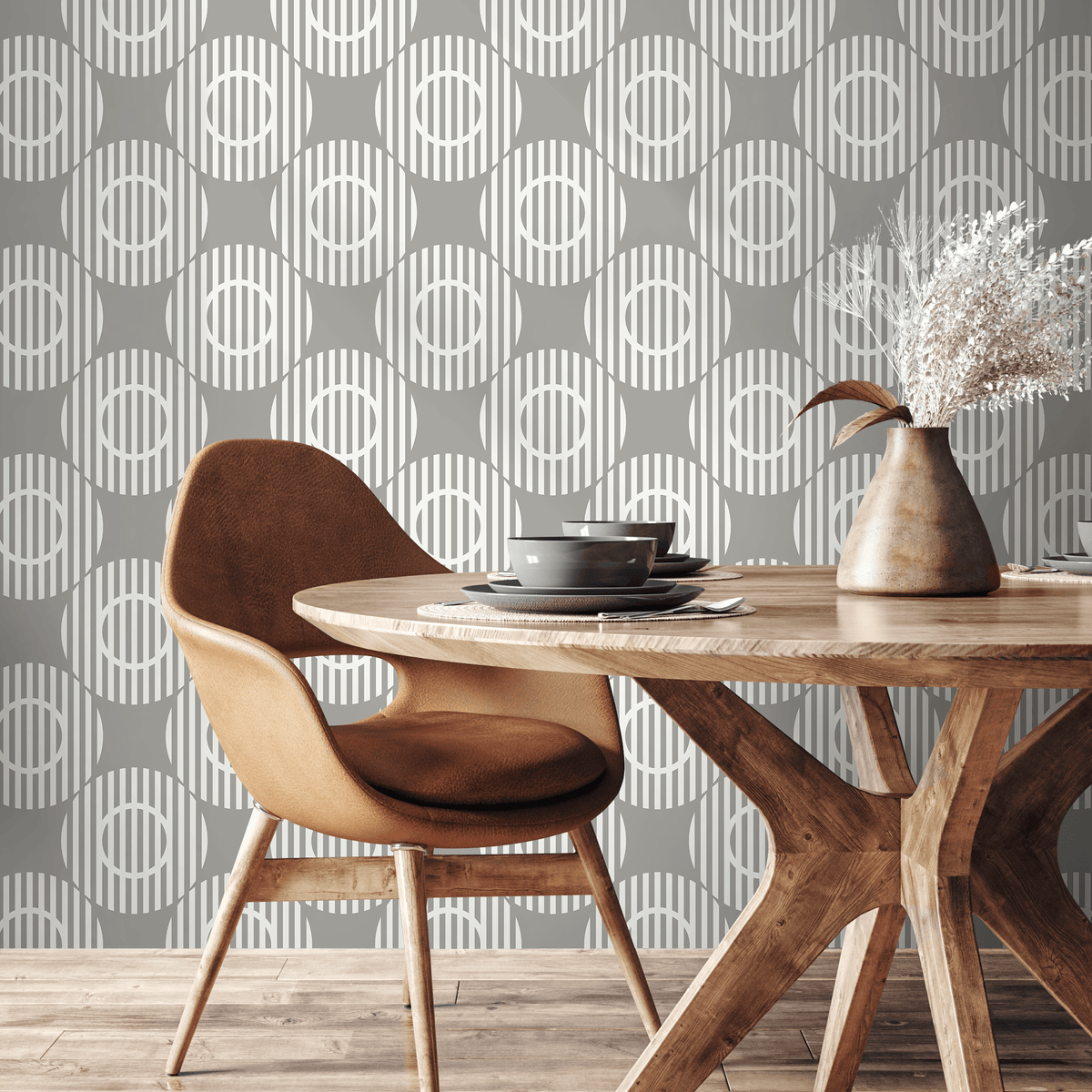 Geometric Wallpaper with Interlocking Striped Circles in Grey and White - detail view