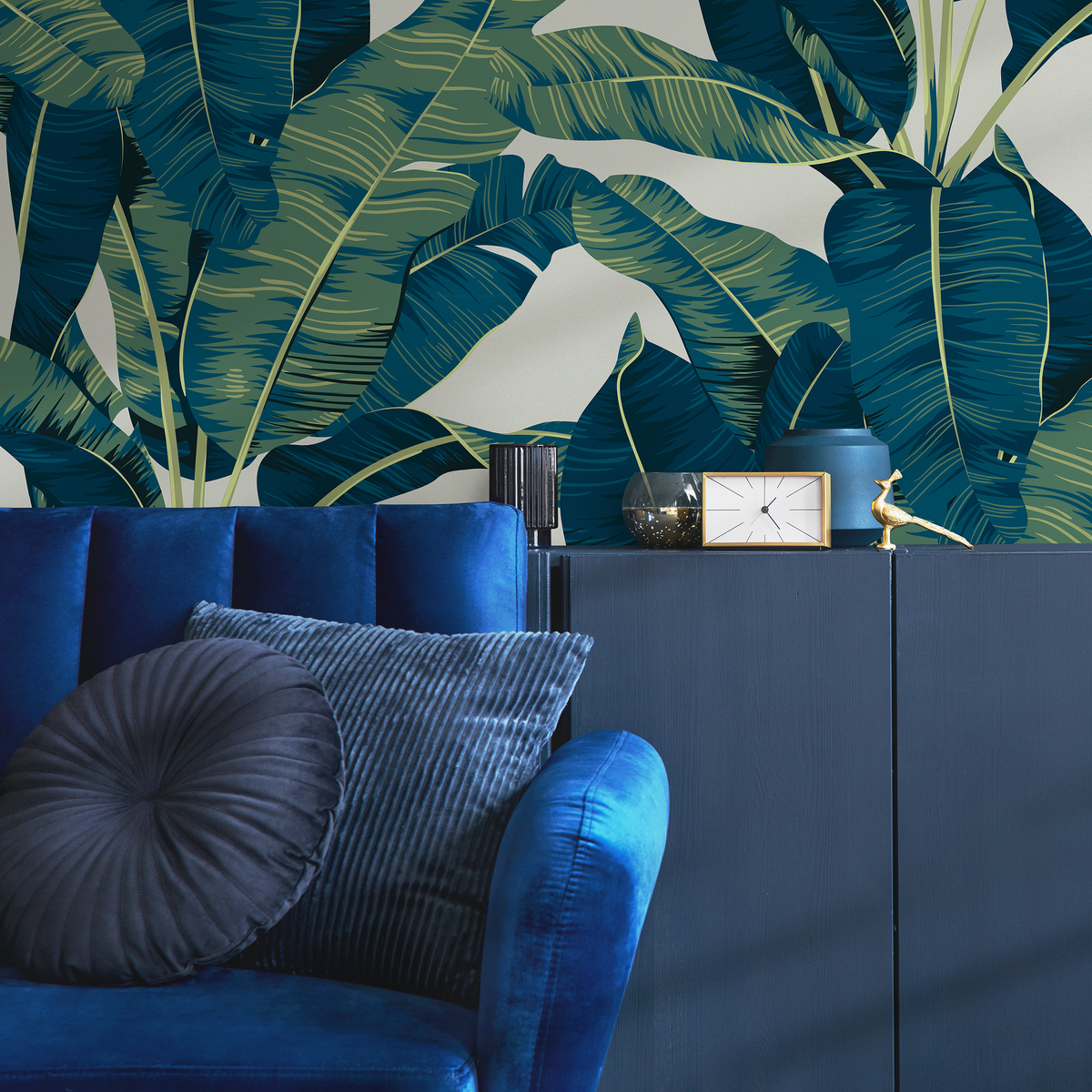 Modern Tropical Wallpaper with Lush Banana Leaves in Teal and Green - detail view