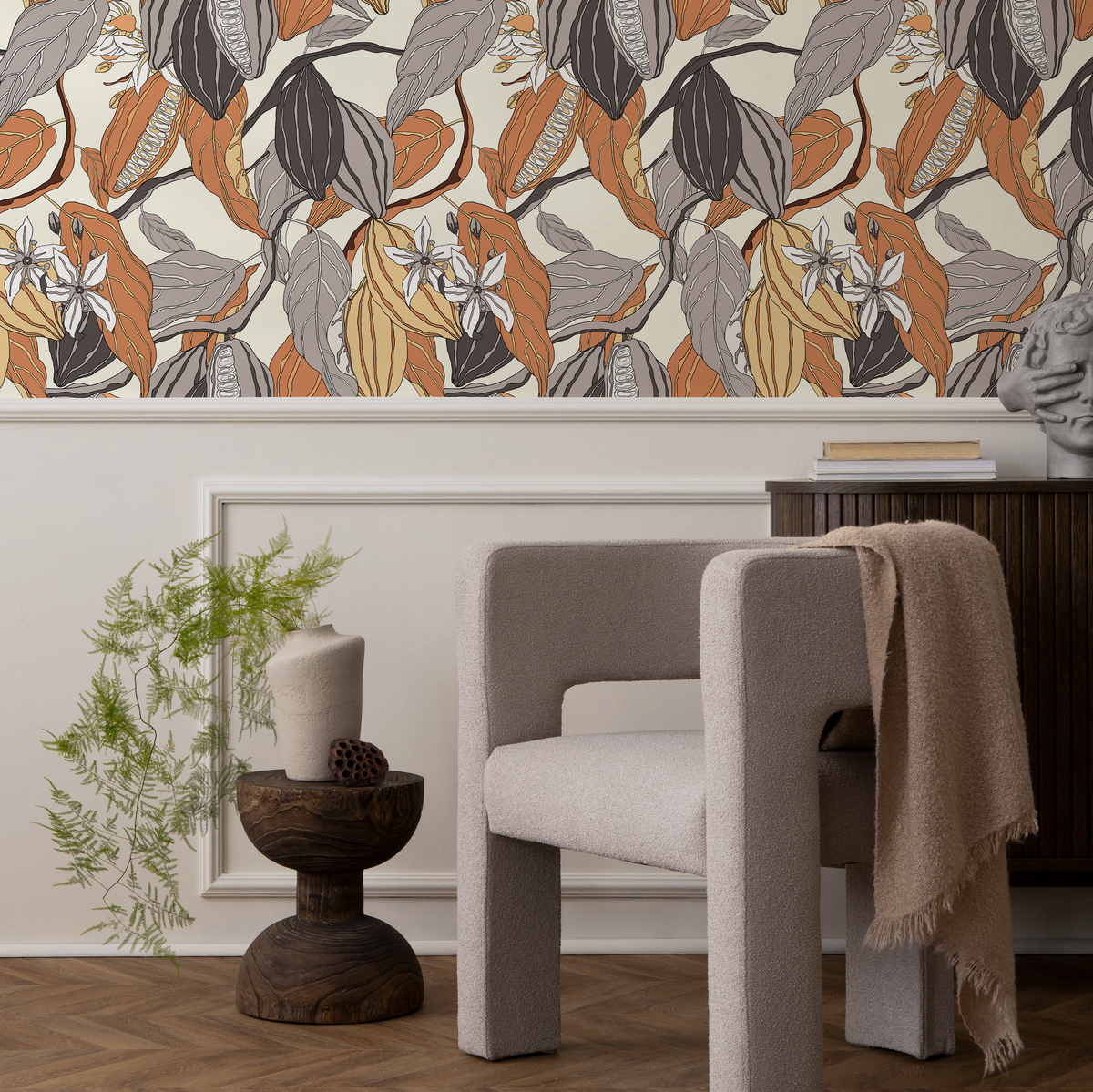 Botanical Wallpaper Featuring Cacao Pods and Flowers in Brown and Gray - detail view