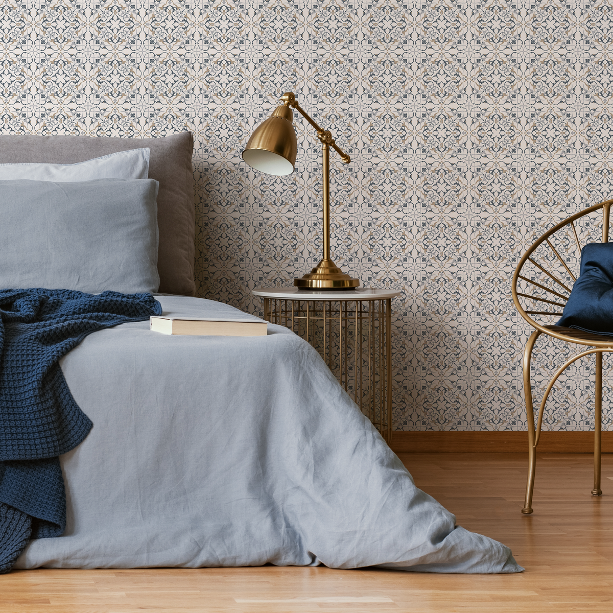Tile Wallpaper with a Geometric Medallion Motif in Slate Blue and Beige - detail view