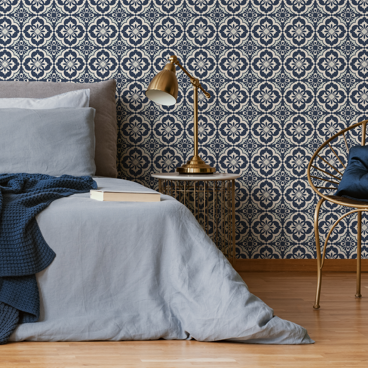 Tile Wallpaper with a Classic Azulejo Design in Blue and Cream - detail view