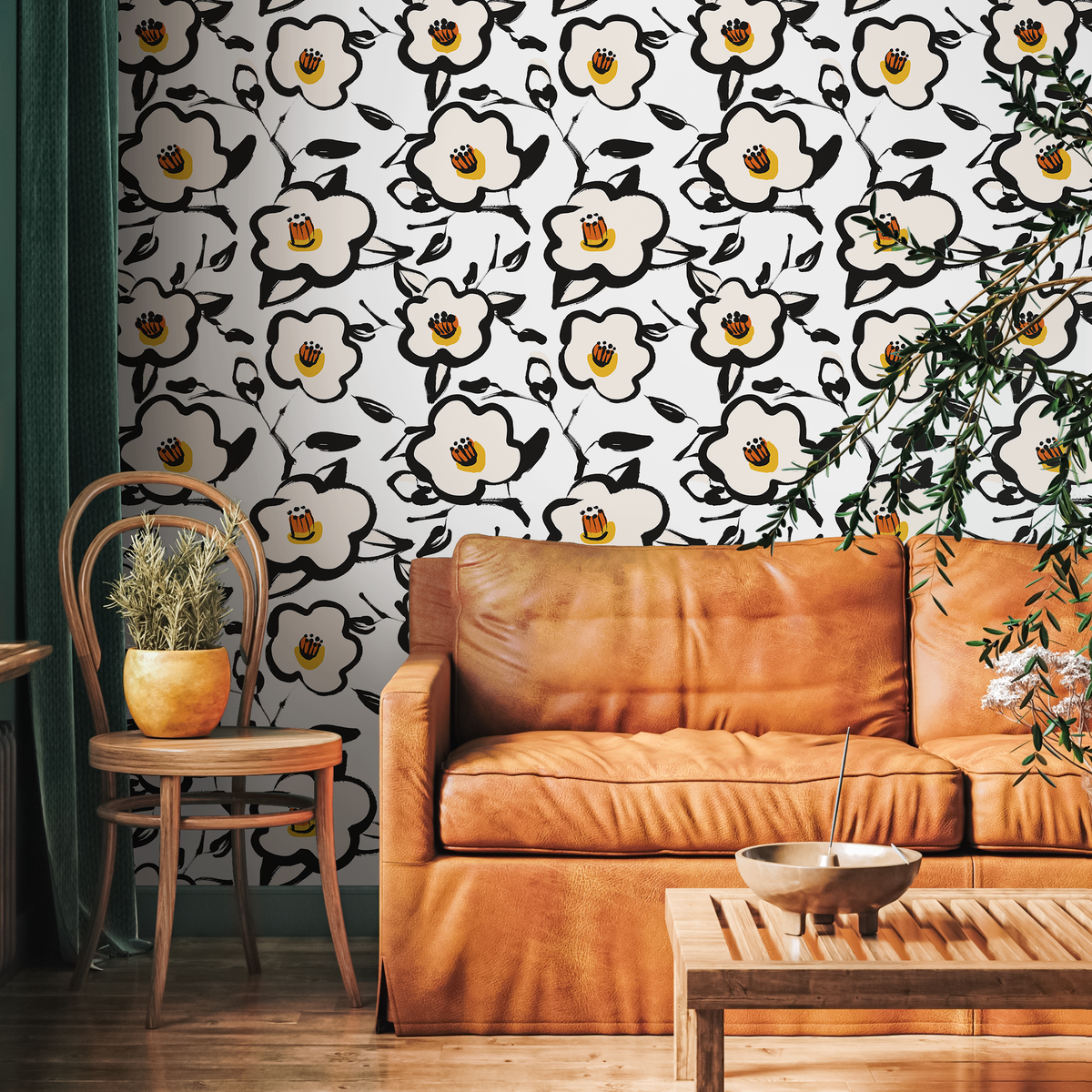 Floral Wallpaper with a Bold Brushstroke Motif in Black and Yellow - detail view