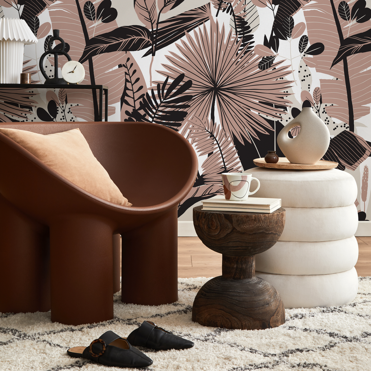 Botanical Wallpaper Featuring Jungle Leaves in Warm Taupe and Black - detail view